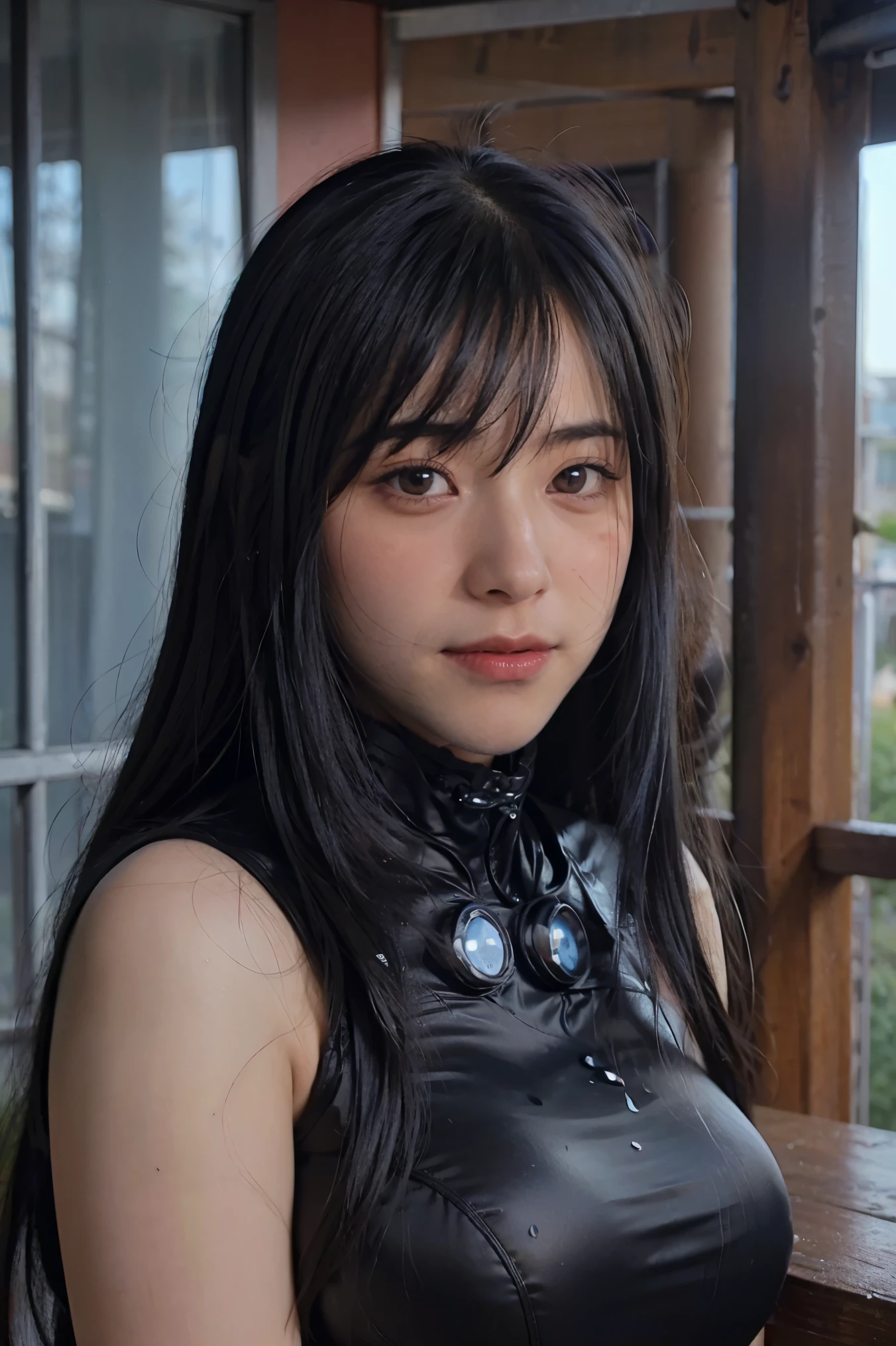 put hands cheek,(embarrassed face:1.4),(blush:1.4),reika\(gantz black suit\), (8k, best quality, masterpiece:1.2), (realistic, photo-realistic:1.37), large breasts,ultra-detailed, 1 girl,cute, solo, sad, beautiful face, black eyes,in room,looking at viewer