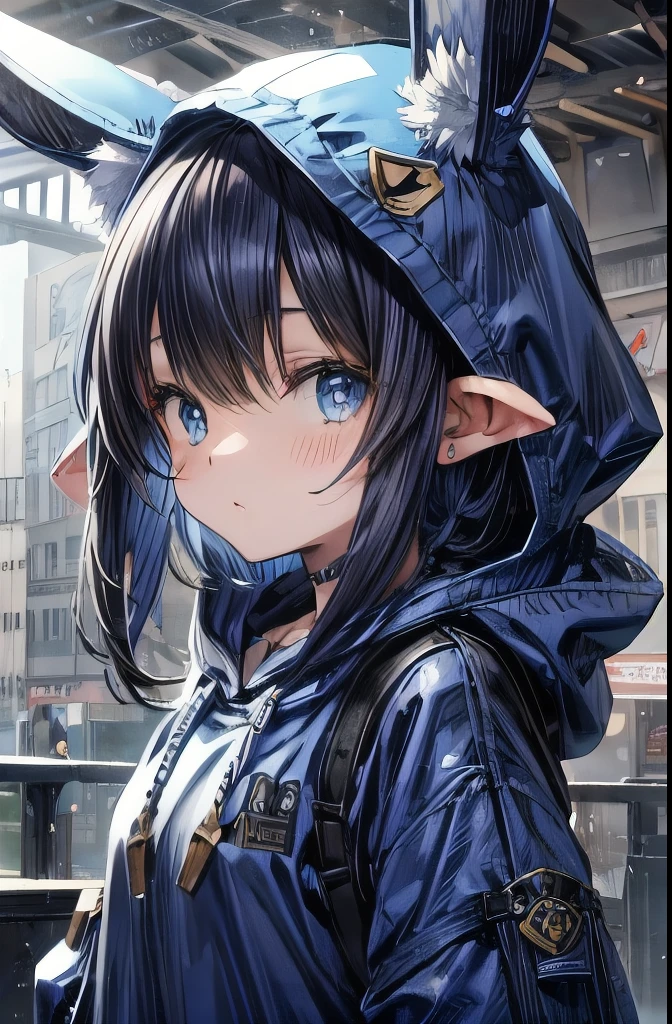 Navy blue medium hair、Drop-eared rabbit hoodie、Cute Girl、Light blue eyes