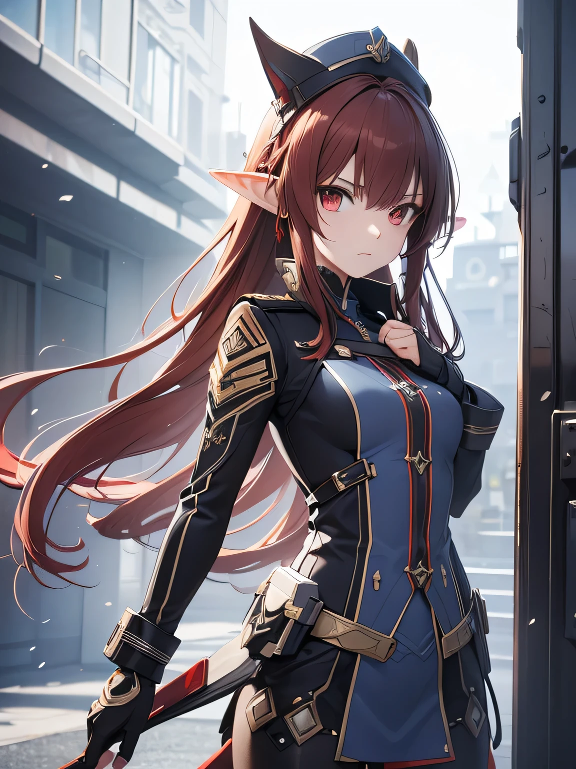 highly detailed 3D rendering of a character named Ulc from SEGA's PSO2. elf-like female with pointed ears, (gray Lady's small Garrison cap), (long, straight, dark red hair), (gray futuristic military-style uniform, including a fitted gray jacket with intricate white designs, shoulder epaulets, and a skirt), (serious expression and is depicted with one hand near her ear as if she is communicating through a device)