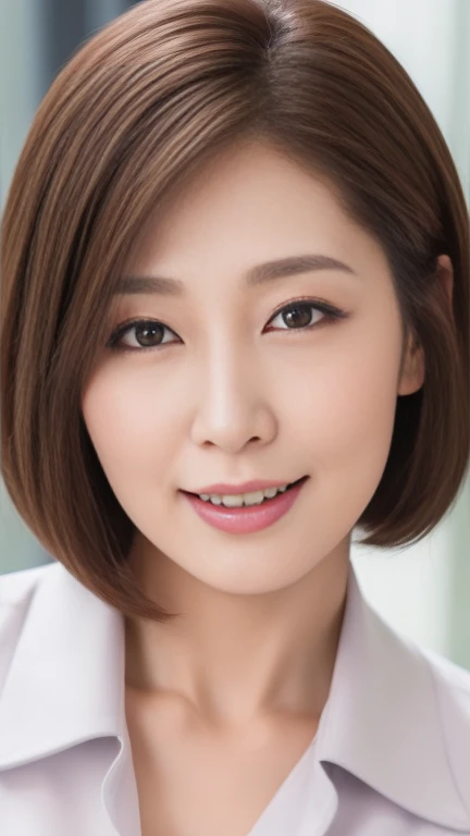 masterpiece,highest quality, (1 mature woman), ((Portraiture:1.5)), compensate, Elegant grey suit, White shirt, Touch your chest, ((Temptation performance)),In the company office、((Light brown short bob))、A gentle smile、A gaze that seduces viewers、