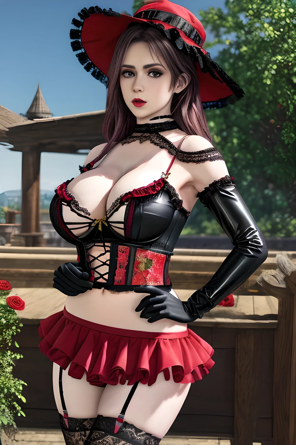 1 girl,BREAK (Royal:1.4), (red and black theme:1.5), ((red) bucket hat with rose corsage:1.4), (fusion of black high neck crop top and latex (red bustier):1.4), ((floral lace, see-through):1.3), ((sleeveless, bare shoulders):1.3), (red tiered skirt with black ruffles:1.4), ((ultra long gloves) with floral lace:1.3), (wrap a (cat garter) around thighs:1.4), outdoor,elegant,nighttime,moonlighe,shiny skin,( huge breasts), lip gloss,tattoos, masterpiece, best quality, realistic ,Surrealism,natural colors art in 8k,soft shadows,High-definition RAW color photos professional portrait photos,solo,  elise,