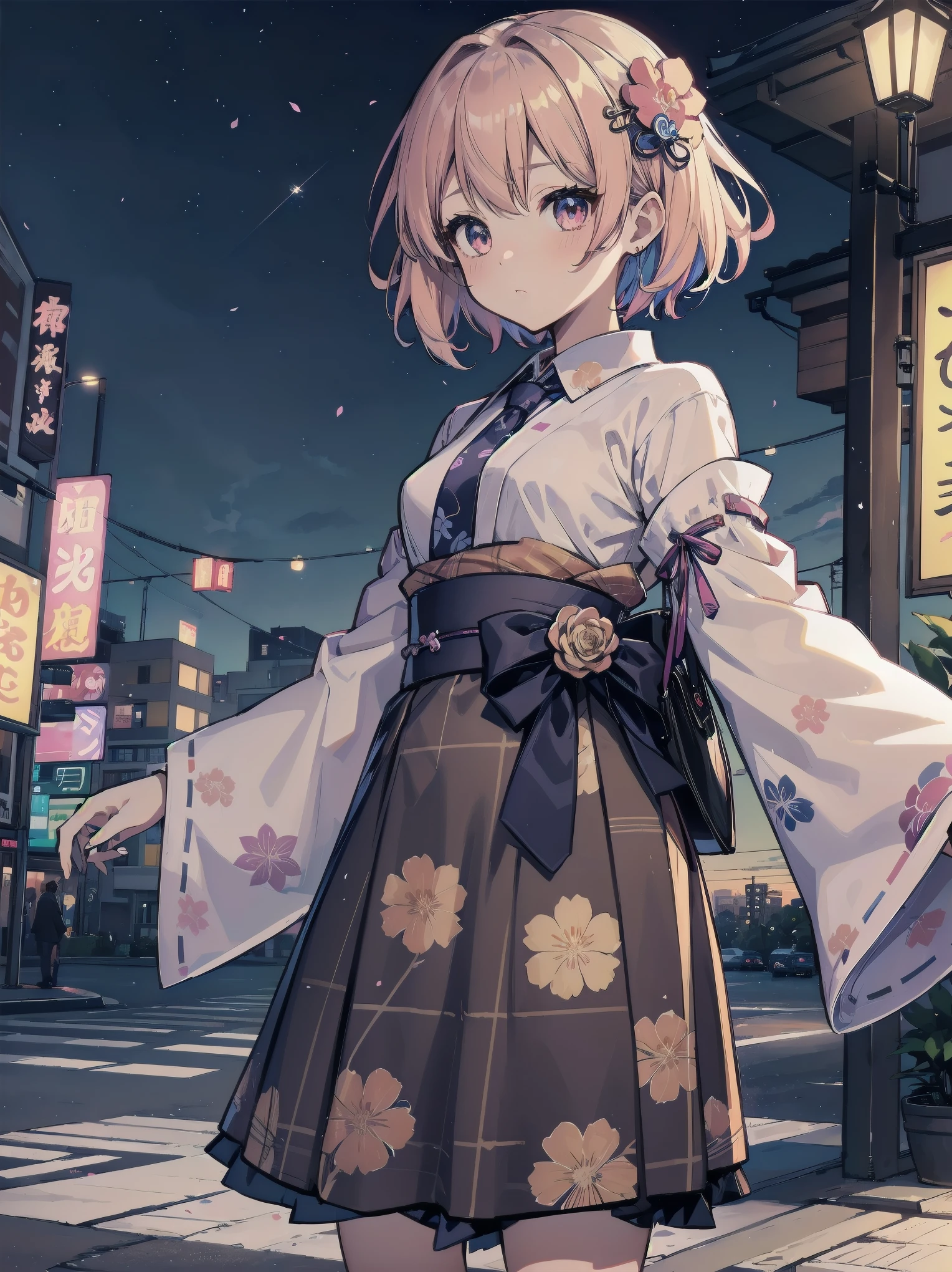 sendo yuuhi, short hair, hair rings, hair ornament, , shirt, necktie, jacket, brown sweater, long sleeves, white skirt, plaid skirt, kawaiitech, pastel colors, kawaii, cute colors, jyojifuku, obi, wide sleeves, yukata, dress, floral print
