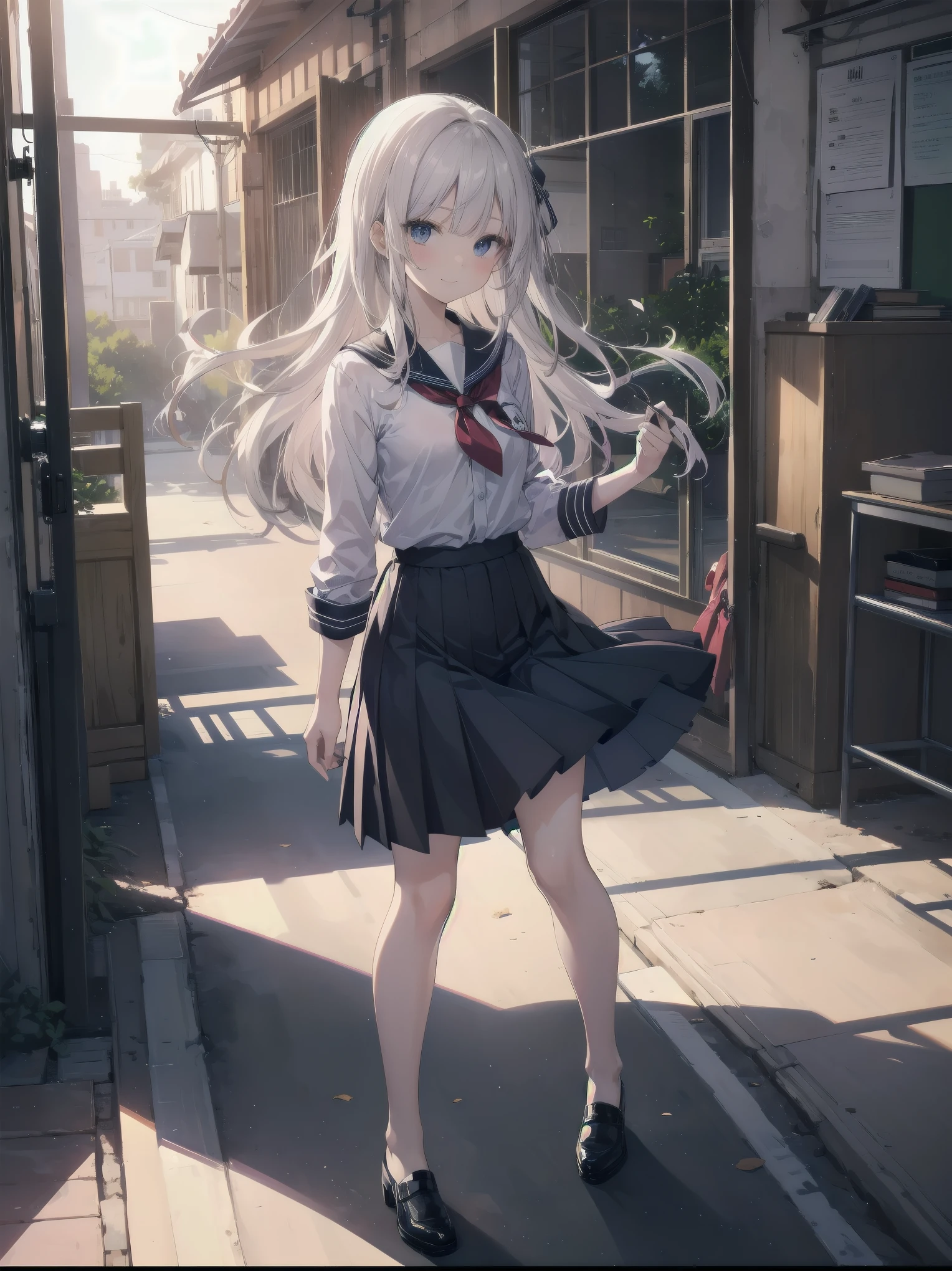 Subtitle: {{school rooftop}} {{uniform}} {{staring into the distance with the wind blowing}}
School rooftop. A strong wind was blowing through the air, and Saori, a beautiful girl, in her , was staring at the distant scenery, staring at an old key in her hand. Her mind was racing to find the place that the key pointed to. I guess this is where it starts," she muttered, placing the key at her feet. She muttered and opened a small box placed at her feet. Inside were several old photographs and a letter. Saori, did you find them?" I heard a voice behind me, and turned to see my classmate Reiko standing there. Yes, but now comes the problem. There's a mystery I have to solve, even if it's beyond the law. Saori replied with a determined look on her face. You really are amazing with your cute face." Reiko said with a smile.