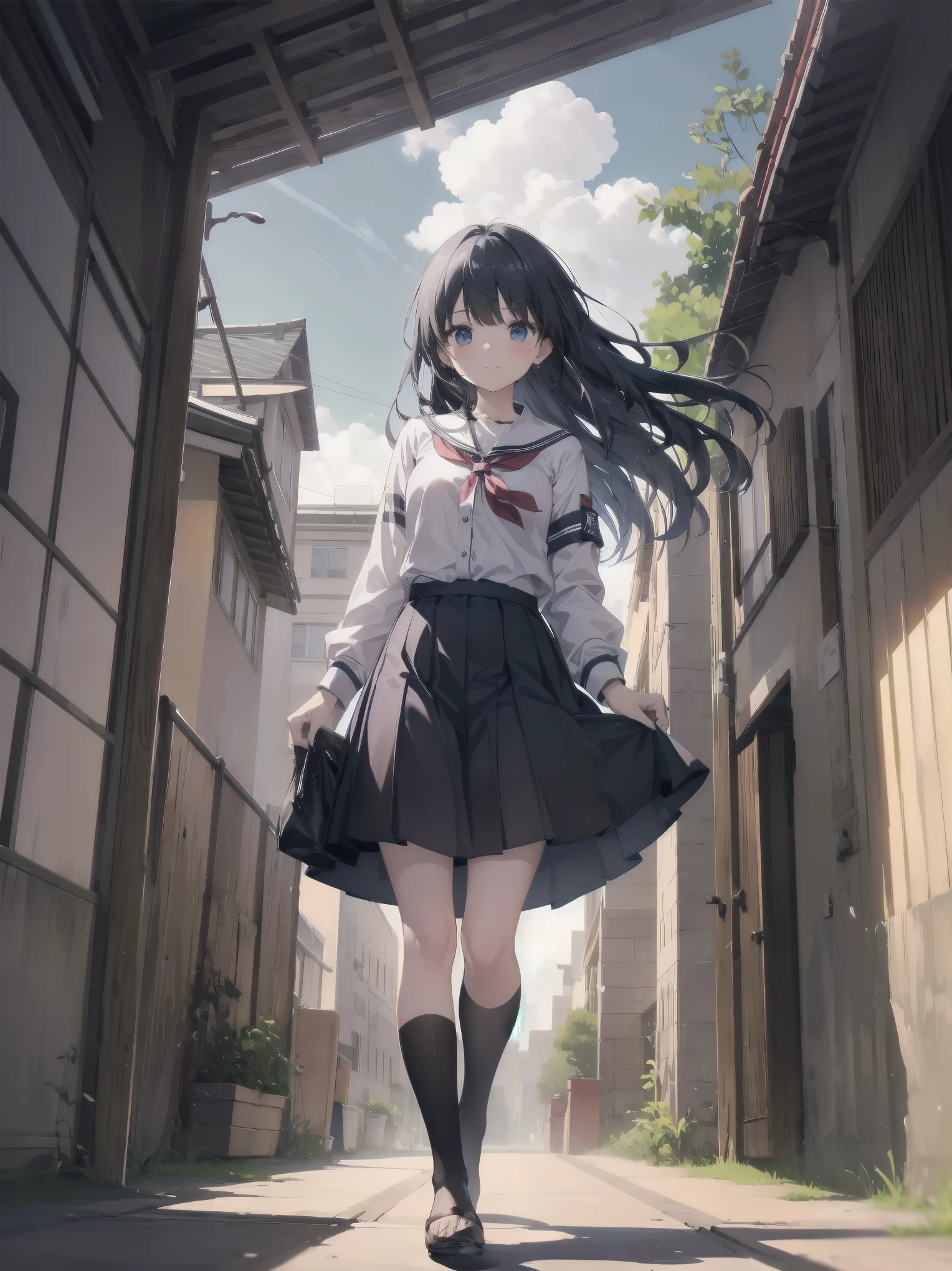 Subtitle: {{school rooftop}} {{uniform}} {{staring into the distance with the wind blowing}}
School rooftop. A strong wind was blowing through the air, and Saori, a beautiful girl, in her , was staring at the distant scenery, staring at an old key in her hand. Her mind was racing to find the place that the key pointed to. I guess this is where it starts," she muttered, placing the key at her feet. She muttered and opened a small box placed at her feet. Inside were several old photographs and a letter. Saori, did you find them?" I heard a voice behind me, and turned to see my classmate Reiko standing there. Yes, but now comes the problem. There's a mystery I have to solve, even if it's beyond the law. Saori replied with a determined look on her face. You really are amazing with your cute face." Reiko said with a smile.