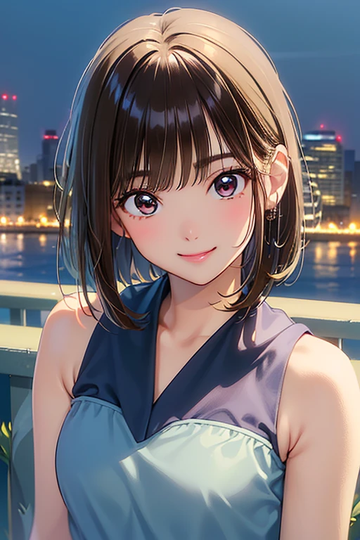 masterpiece、High resolution、High resolution、High resolution、1 female、Very close、((Depiction of only the upper body))、((Brown Hair、short hair、hair band))、A kind smile、Smiling with teeth showing、Pink Lip Gloss、((Late Night City))、