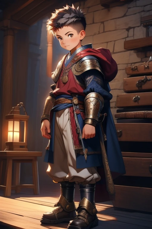 Unity 8k wallpaper, Ultra detailed, Beautiful and aesthetic, Masterpiece, Best quality, Extremely detailed, Realistic, 1boy, Short spiked hair, crew cut hair, Cute, Young, Asian, Japanese role-playing game style, medieval, full body, wizard, 