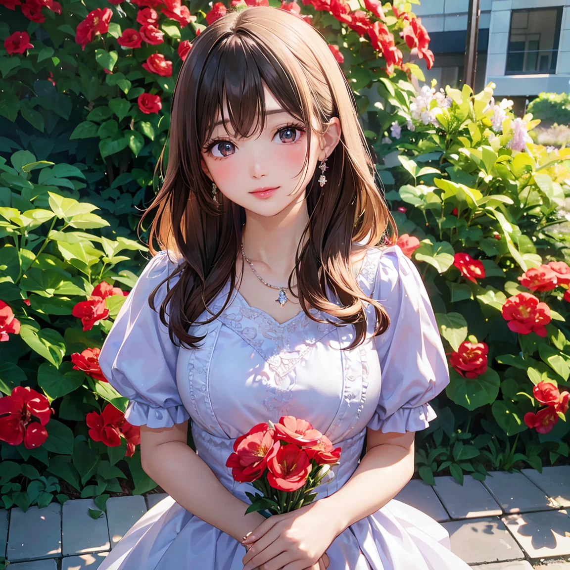 highest quality, (Ultra-high definition 4K), (Ultra High Resolution 8K), Photorealistic, Bright colors, High-definition facial beauty, Beautiful Hair, ((Lip gloss)), (Big and ample breasts), pretty girl, Standing model, Holding a bouquet of red flowers in both hands, Diamond Necklace, Lavender violet dress with beaded embroidery, garden, Flowers, sunlight, Gentle breeze, (Soft lighting, Rendered), Moderate: oil, 35mm f/1.8, Photographed with Sony FE GM