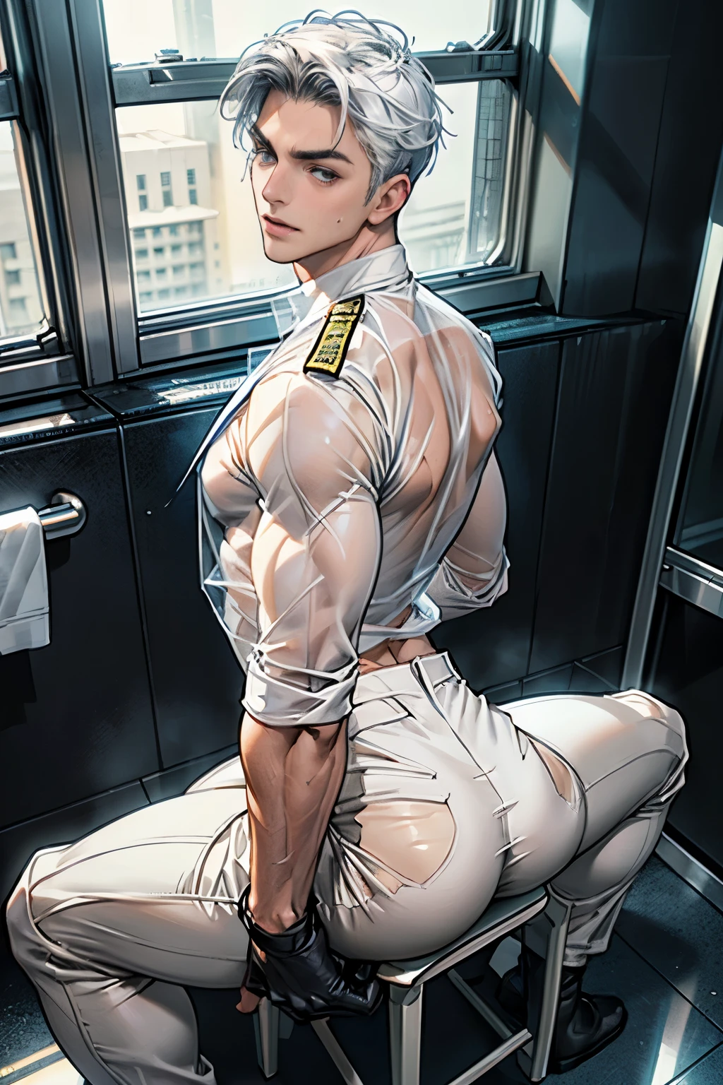 20-year-old boy ,Korean handsome young sexy nude sweaty male officer ,(((sweaty))), Thin mustache...,handsome ,(((Wear white transparent uniform shirt))),beige dark blue tight trousers, ,((((unrealistic super big tight butt wearing white transparent pants))))............................. Black boots and dark navy gloves.,sit on the ground , His legs spread apart sitting on the ground................................, Police Logo ,tight breasts ,Muscle Man , ((The arm muscles are very large...................)) ,large , Wide shoulders ,open legs, head turn slightly to looking back to the camera, rear shot.......................................... high angle looking down...............,Sexually suggestive, (Dynamic Poses:1.1) , thights , (Embossed Focus:1.2),On your knees........................., empty toilet cubicle at night, Best qualtiy , Wide lens from far ,deep depth of field ,Bokeh background
