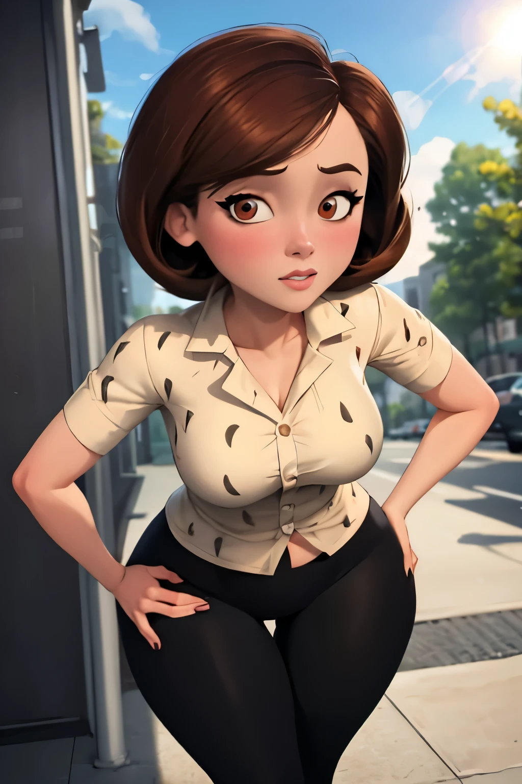 masterpiece, best quality, beautiful face, beautiful eyes, outdoors, lens flare, depth of field, 1girl, solo, looking at viewer, breasts,  helenparr, elastigirl, polka dot, collared shirt, dress shirt, buttons, black pants, hands on hips, medium breasts, big ass, thick thighs, wide hips, bend over, see through pants panties,