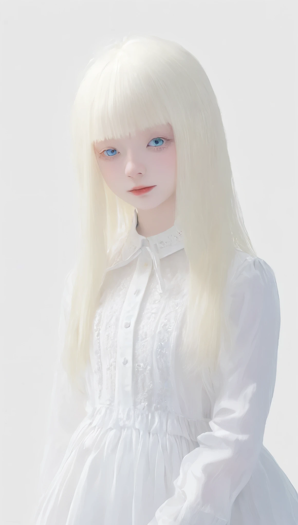 (((White Background:1.3)))、(((1 albino girl、Cute Face、pretty girl))), 16 years old,(((The eyes are white:1.3)))、White Dress、((White shirt:1.3、White Block Dress)), Tyndall effect, Realistic, Shadow Studio,ultramarine、illumination, Dual tone illumination, (Skin with attention to detail: 1.2)、薄Dark illumination、Dark illumination、 photograph, High resolution, 4K, 8k, Background Blur,Beautiful fade out、White world、White Background