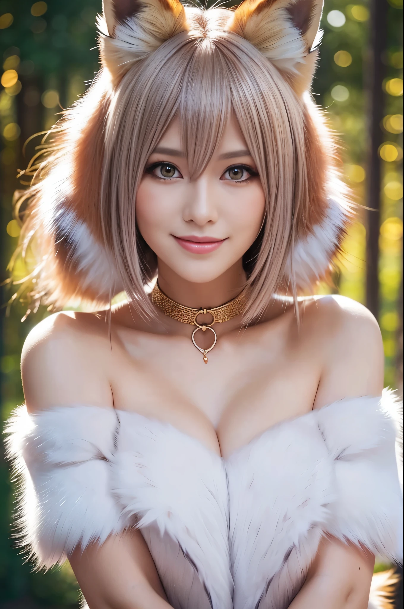 sexy swedish model, (-anime), only 1 model, very short hair, beautiful smile, lipgloss, long lashes, defined eyebrows, long fur fox color scheme, ((long fur fox cosplay)), fox ears, fox tail, fox choker, look at the camera, cinematic light, (sparkling long fur background), sweet and sexy pose