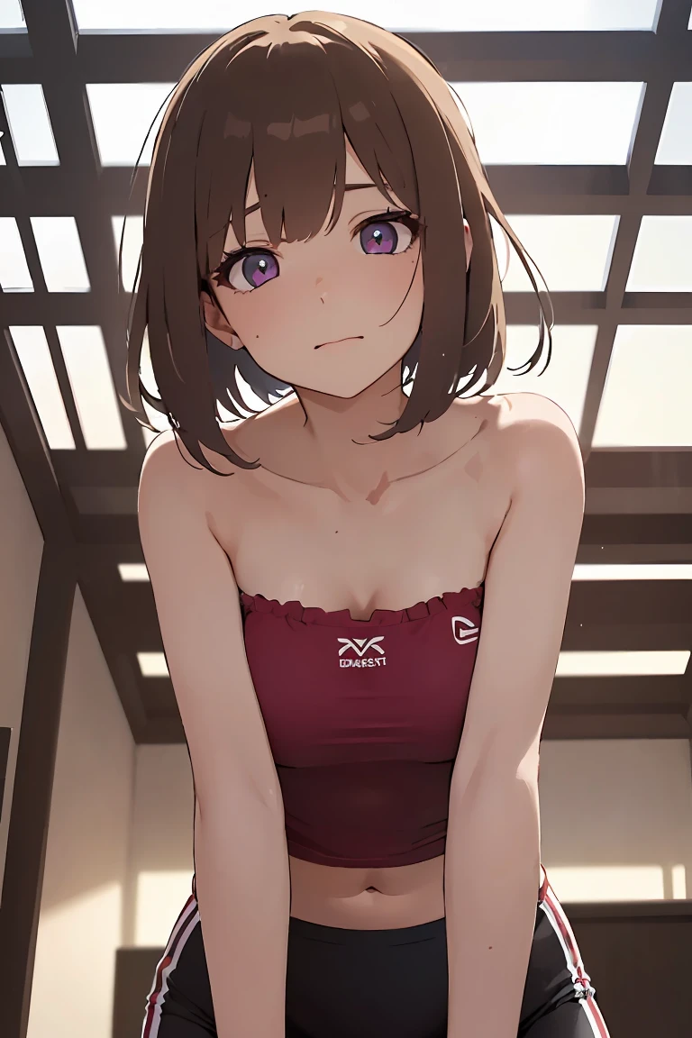 masterpiece, absurdres, best quality, ultra detailed, high Resolution, detailed illustration, bright colour, (extremely beautiful detailed face and eyes, Delicate beautiful face, 1 girl, cute face:1.3), (magenta eyes:1.1), sparkling eyes, big eyes, medium breasts, (perky breasts:1.1), (pointy breasts:1.1), medium hips, glamorous body, white skin, BREAK, long bob cut, (blonde hair:0.8), messy hair, detailed hair, shiny hair, BREAK (strapless training wear, down blouse:1.5), perfect lighting, (embarrassed:1.5), (ecstasy, vulgarity:1.5), (trembling:0.8), (View from below:1.5), Muscle training, Sports Warehouse,