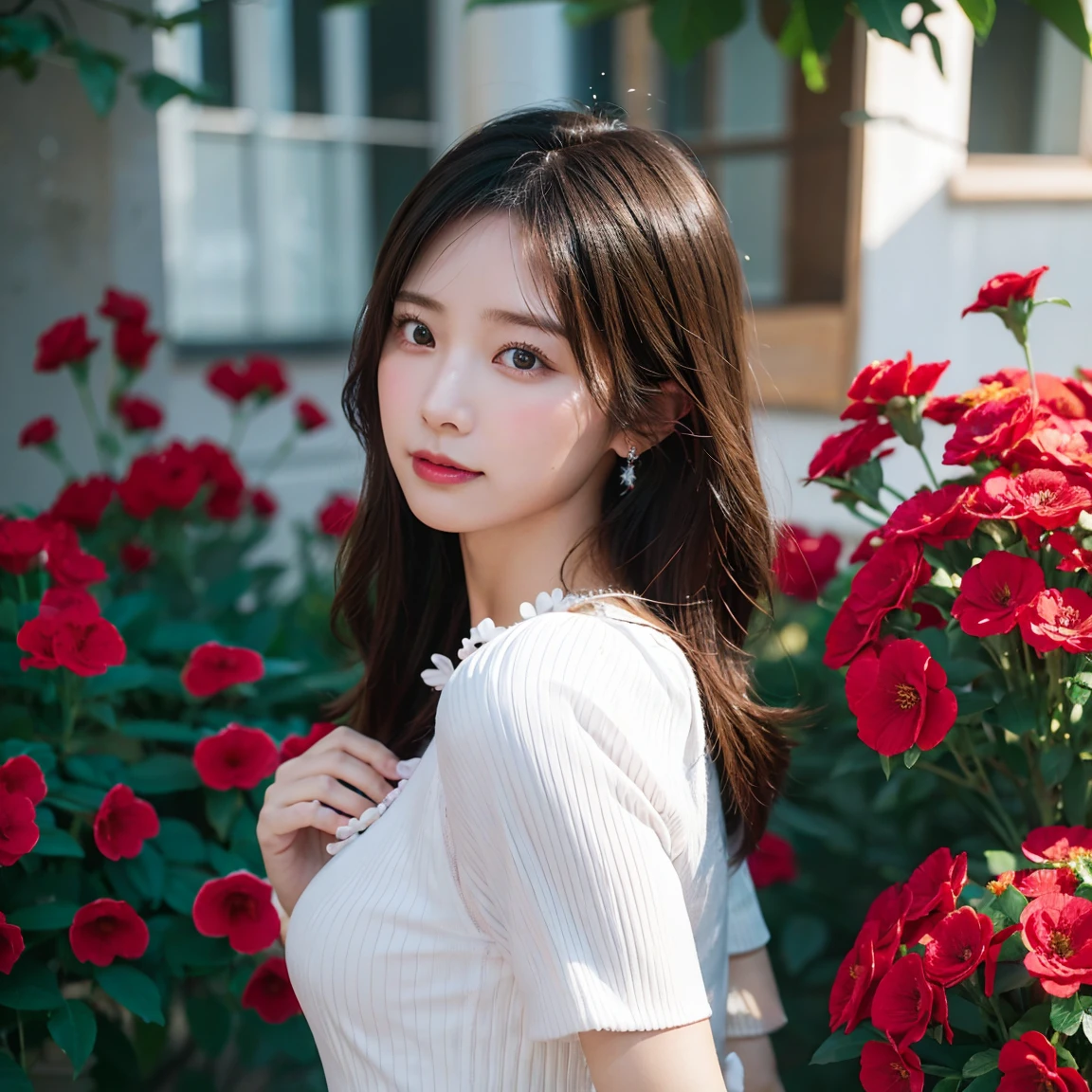 highest quality, (Ultra-high definition 4K), (Ultra High Resolution 8K), Photorealistic, Bright colors, High-definition facial beauty, Beautiful Hair, ((Lip gloss)), (Big and ample breasts), pretty girl, Standing model, Holding a bouquet of red flowers in both hands, Diamond Necklace, Lavender violet dress with beaded embroidery, garden, Flowers, sunlight, Gentle breeze, (Soft lighting, Rendered), Moderate: oil, 35mm f/1.8, Photographed with Sony FE GM