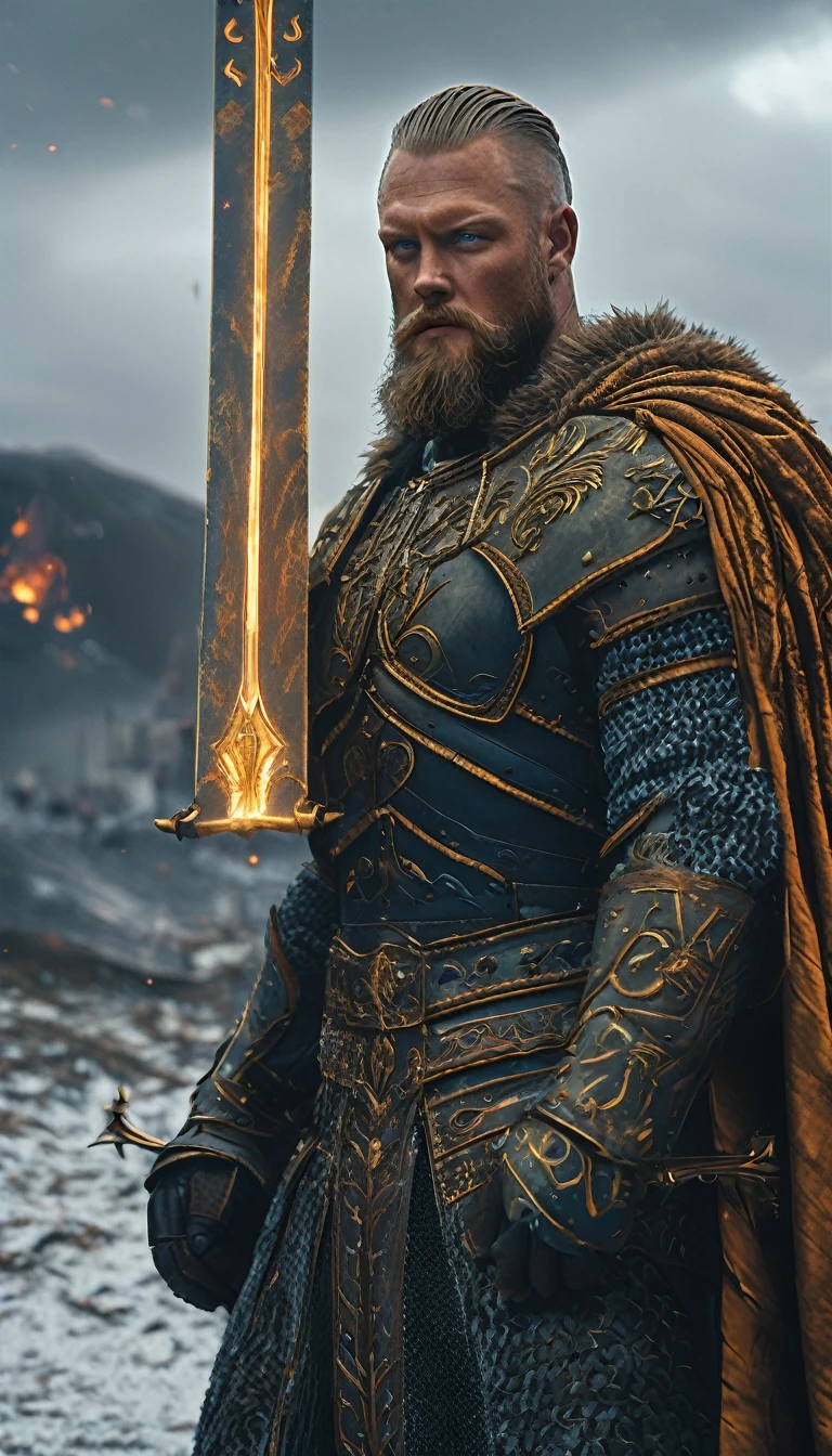 Photorealistic cinematic thumbnail depicting a Ragnar Lothbrok standing triumphantly on a battlefield, surrounded by the banners of conquered kingdoms, with dramatic lighting, high-resolution, wide angle, ultra-realistic textures, intense colors, and a captivating composition