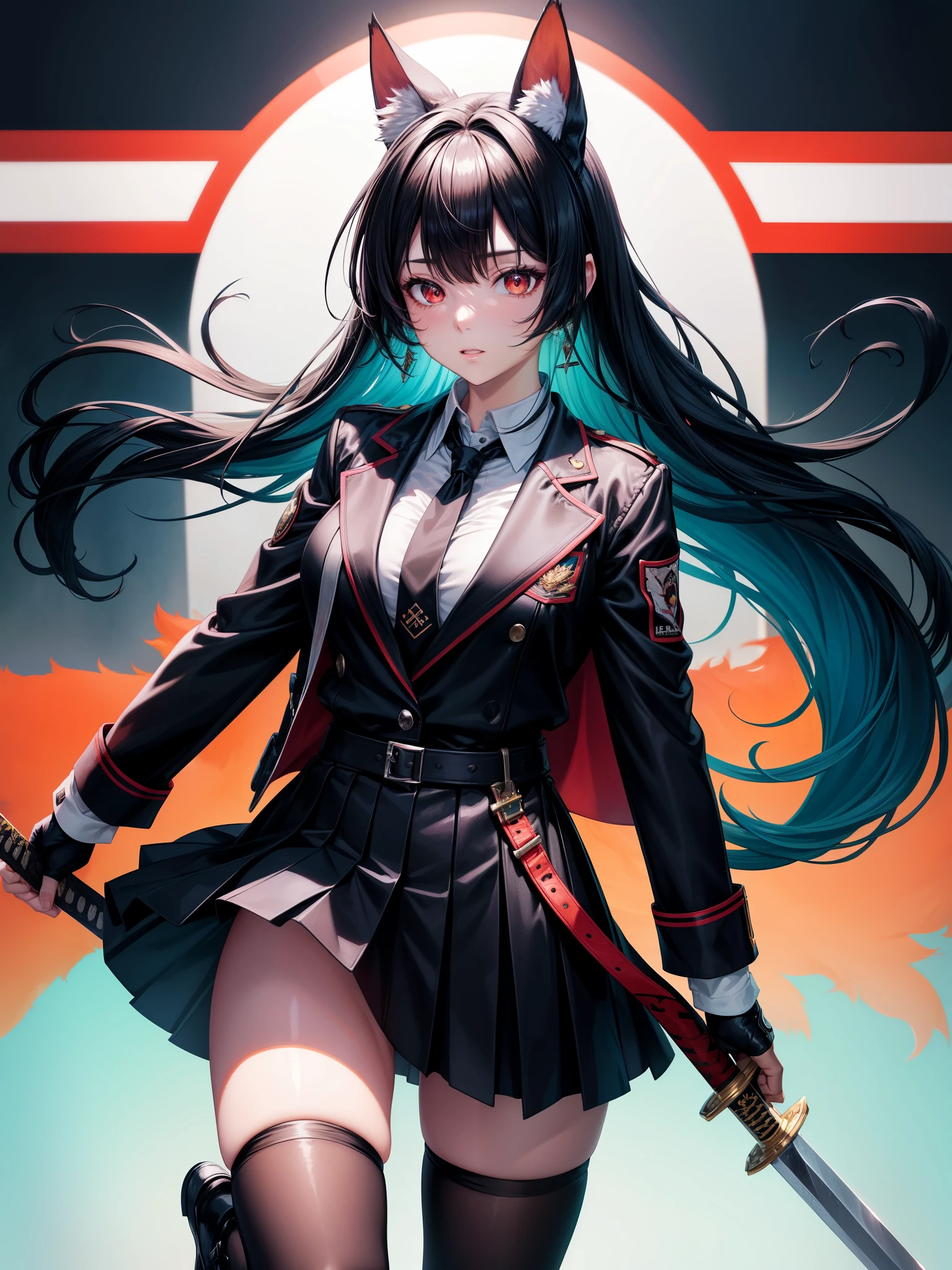 hoshimi miyabi, fox ears, red eyes, black hair, long hair, jacket turquoise color, black skirt, black pantyhose,large breast,(ears hidden behind hair)bangs, blunt bangs,black gloves,fingerless gloves,white shirt, ties, short ties, black ties,holding, holding sword,sword, weapon, Score_9, Score_8_up, Score_7_up, Score_6_up, Score_5_up, Score_4_up, BREAK,1girl in full growth, best quality, masterpiece, ultra-detailed, high quality,good quality,1 girl,(master piece,high resolution, ultra detailed,8K,16K),look at viewer