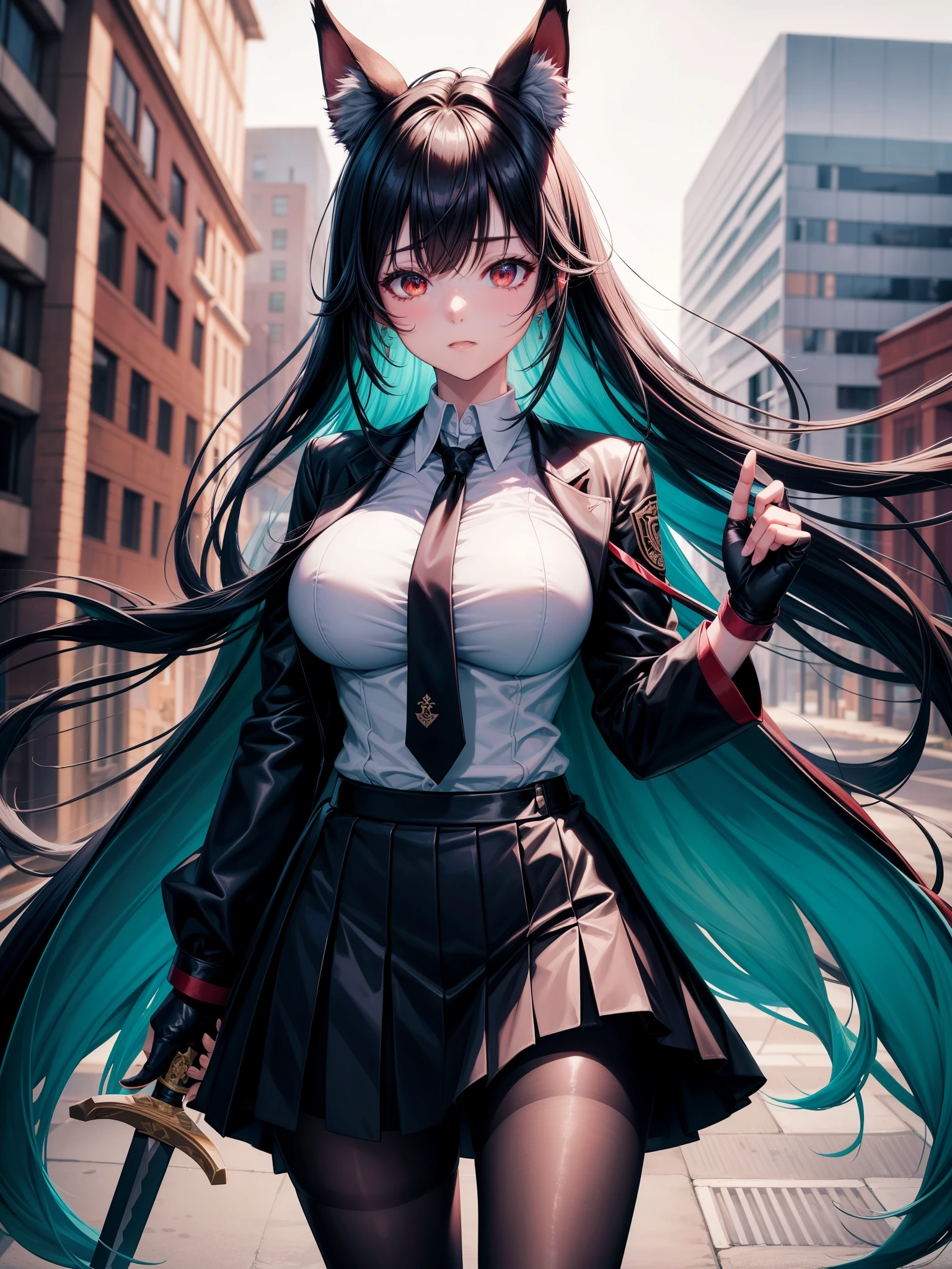 hoshimi miyabi, fox ears, red eyes, black hair, long hair, jacket turquoise color, black skirt, black pantyhose,large breast,(ears hidden behind hair)bangs, blunt bangs,black gloves,fingerless gloves,white shirt, ties, short ties, black ties,holding, holding sword,sword, weapon, Score_9, Score_8_up, Score_7_up, Score_6_up, Score_5_up, Score_4_up, BREAK,1girl in full growth, best quality, masterpiece, ultra-detailed, high quality,good quality,1 girl,(master piece,high resolution, ultra detailed,8K,16K),look at viewer