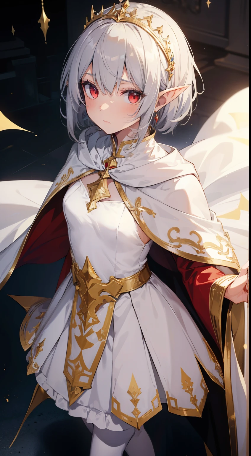 One girl,alone,Flat Chest,Severe,Long white and gold dress,Gray Hair,short hair,Red eyes,Elf Ears,White Pantyhose,Gold Tiara,detailed ,Gold High Heels,View from above,(((Long Cape))) Sad face,Frilled clothes