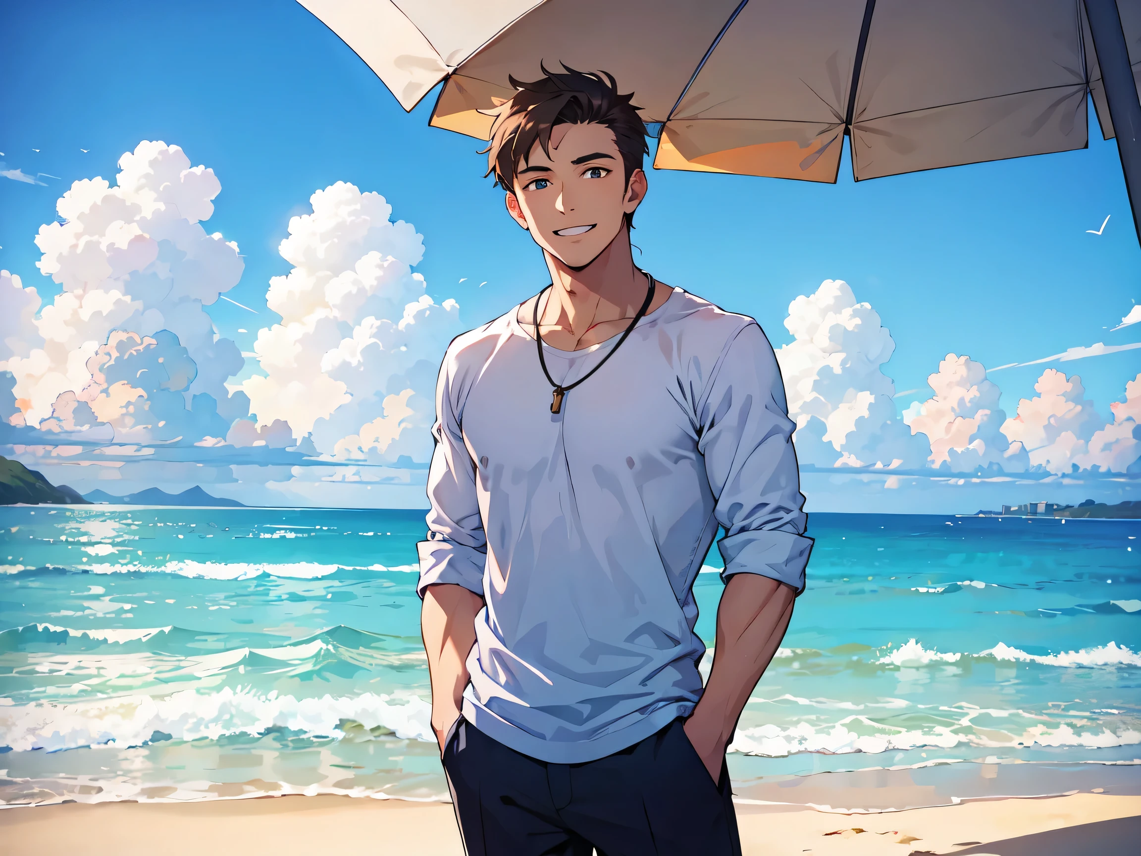Handsome men short hair ,casual ,beach ,happy
