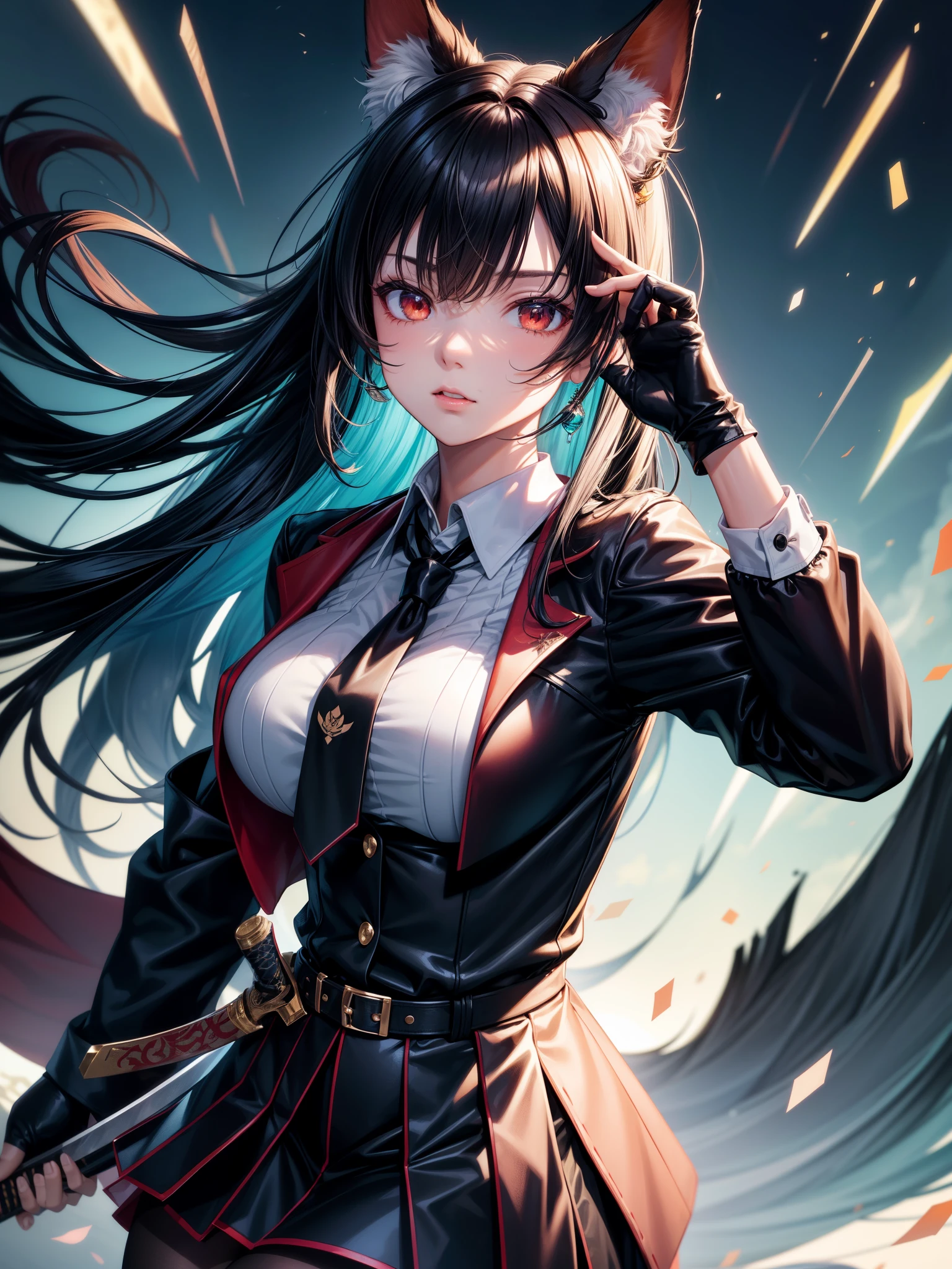 hoshimi miyabi, fox ears, red eyes, black hair, long hair, jacket turquoise color, black skirt, black pantyhose,large breast,(ears hidden behind hair)bangs, blunt bangs,black gloves,fingerless gloves,white shirt, ties, short ties, black ties,holding, holding sword,sword, weapon, Score_9, Score_8_up, Score_7_up, Score_6_up, Score_5_up, Score_4_up, BREAK,1girl in full growth, best quality, masterpiece, ultra-detailed, high quality,good quality,1 girl,(master piece,high resolution, ultra detailed,8K,16K),look at viewer