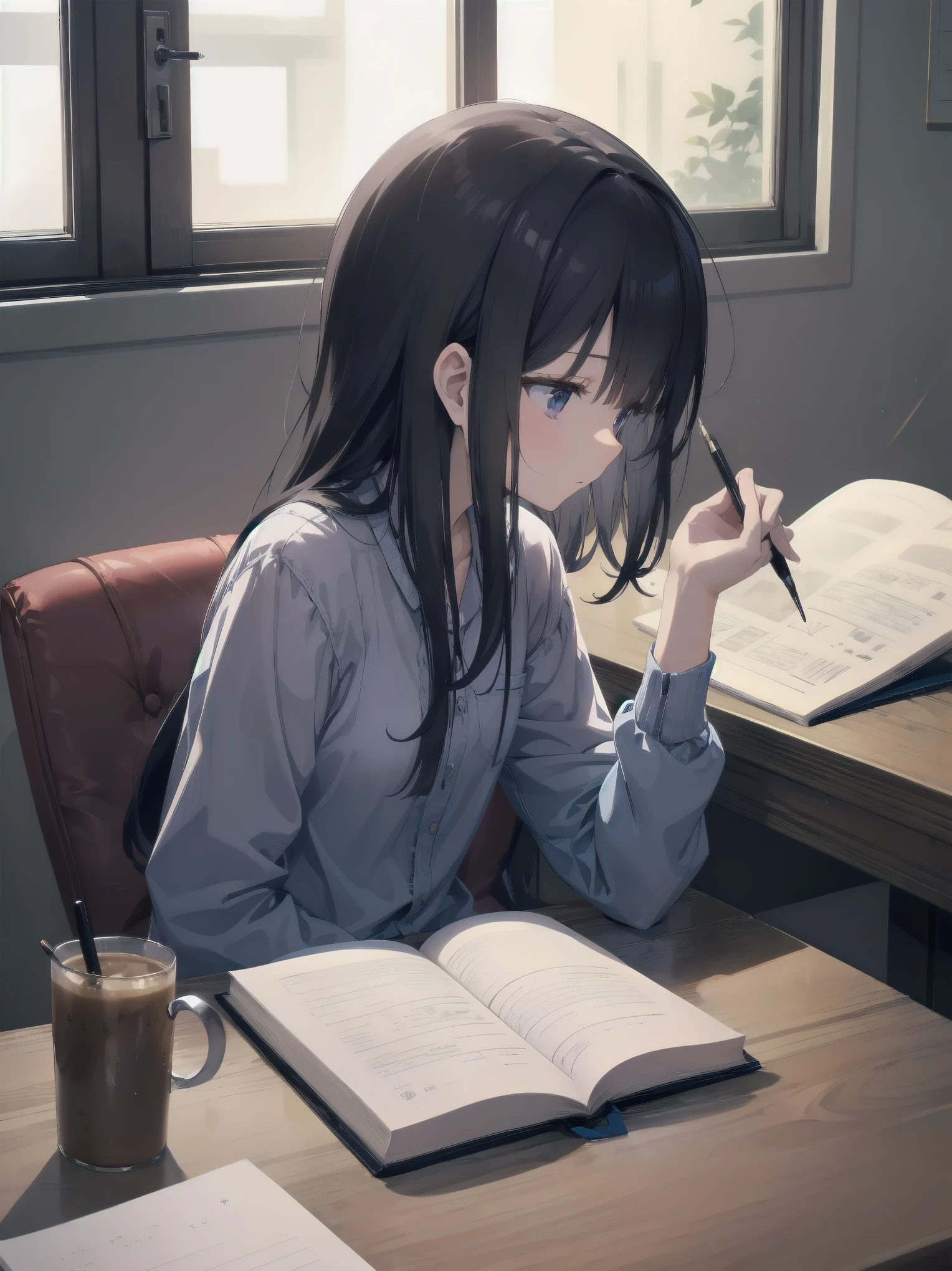 Subtitle: {{Cafe}} {{Private Clothes}} {{Writing in a Notebook}}

In a small café in town, a beautiful girl, Saori, was sitting at a table in her casual clothes, writing something in a notebook. The soft light shining through the café window illuminates her profile, accentuating her concentrated expression. A map and a reference book lay spread out before her. I think I'm close to solving the mystery," Saori muttered. Saori mutters, running a pen through her notebook. The smartphone in her hand trembles for a moment, and a message appears. We don't have much time. We have no choice but to take extrajudicial measures. Determined, Saori closed the notebook and stood up.