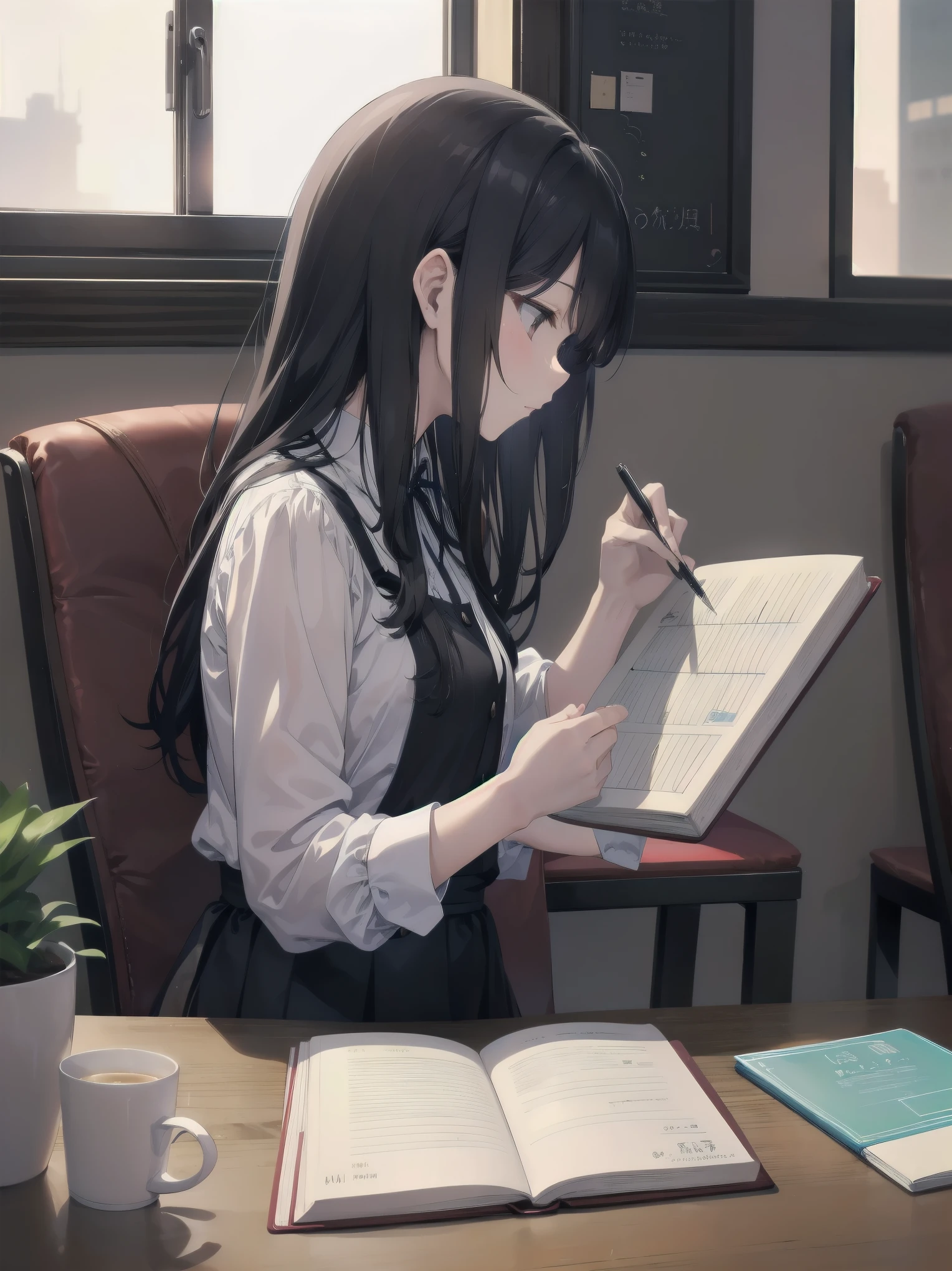 Subtitle: {{Cafe}} {{Private Clothes}} {{Writing in a Notebook}}

In a small café in town, a beautiful girl, Saori, was sitting at a table in her casual clothes, writing something in a notebook. The soft light shining through the café window illuminates her profile, accentuating her concentrated expression. A map and a reference book lay spread out before her. I think I'm close to solving the mystery," Saori muttered. Saori mutters, running a pen through her notebook. The smartphone in her hand trembles for a moment, and a message appears. We don't have much time. We have no choice but to take extrajudicial measures. Determined, Saori closed the notebook and stood up.