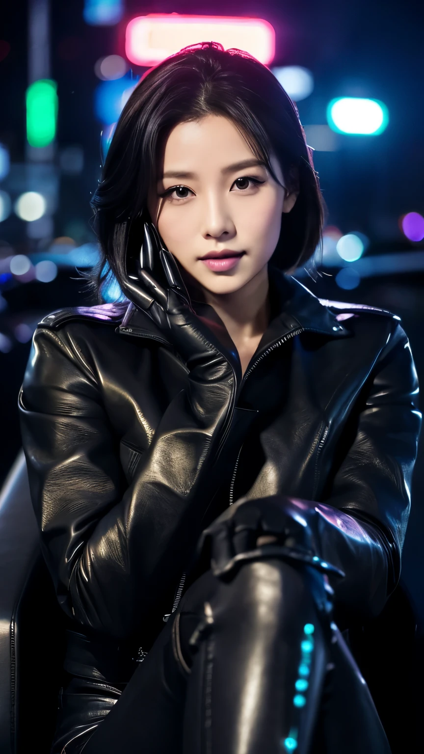 black leather rider jacket, Office in the Dark, Black leather gloved fingertips on both hands,Wearing black leather gloves,Sitting in a black leather chair、 Japanese female new recruits (Black leather gloves cover both hands) (The angle is horizontal)、Black Leather Pants,Black Leather Black Leather Pants,Black Leather Skinny Pants、Long black leather boots on both feet、Black hair ponytail ((He wears black leather gloves on his hands))Full Body Photo,full body shot full body full body leather suit,☺If you turn in this direction。Wearing black leather gloves,Wearing black leather gloves,Wearing black leather gloves,Wearing black leather gloves,Wearing black leather gloves,Wearing black leather gloves,黒のレザーパンツが美しい😍黒のレザーパンツが美しい😍黒のレザーパンツが美しい,😍Smiling while looking at me,City lights、((Neon Cyberpunk City Street:1.3))、(Neon Light)、Detailed lighting、
Best image quality、Ultra-high resolution、(realism:1.4)、Korean Beauty Star、The most beautiful KPOP stars、face、 Korean Makeup、A body that makes you want to touch it、Realistic leather texture、Costume made of smooth leather fabric、The drape of the curved parts of the leather fabric、The costume is very shiny、Quality of the costume、8K Photo Quality