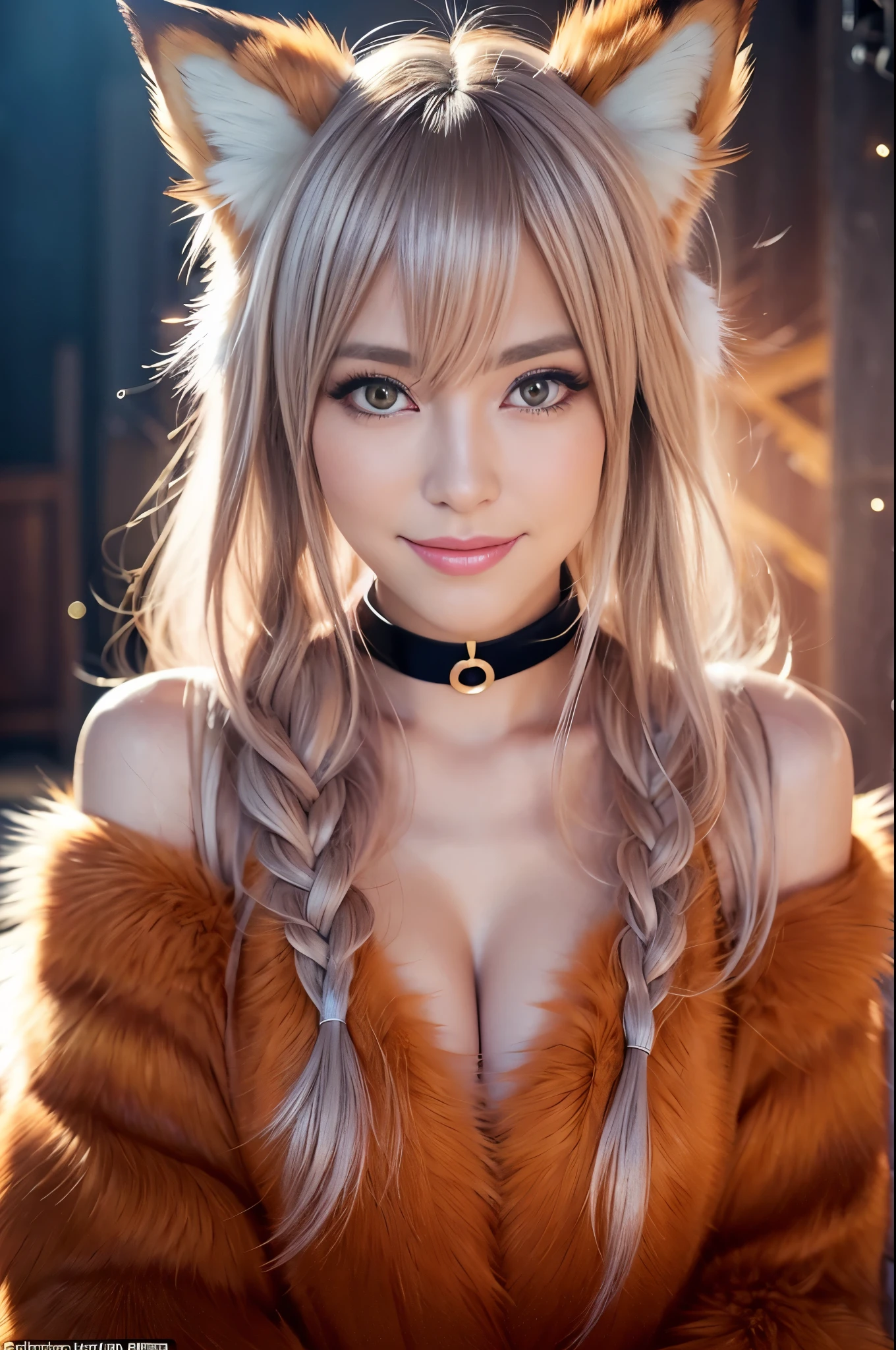 sexy swedish model, (-anime), only 1 model, very short hair, beautiful smile, lipgloss, long lashes, defined eyebrows, long fur fox color scheme, ((long fur fox cosplay)), fox ears, fox tail, fox choker, look at the camera, cinematic light, (sparkling long fur background), sweet and sexy pose