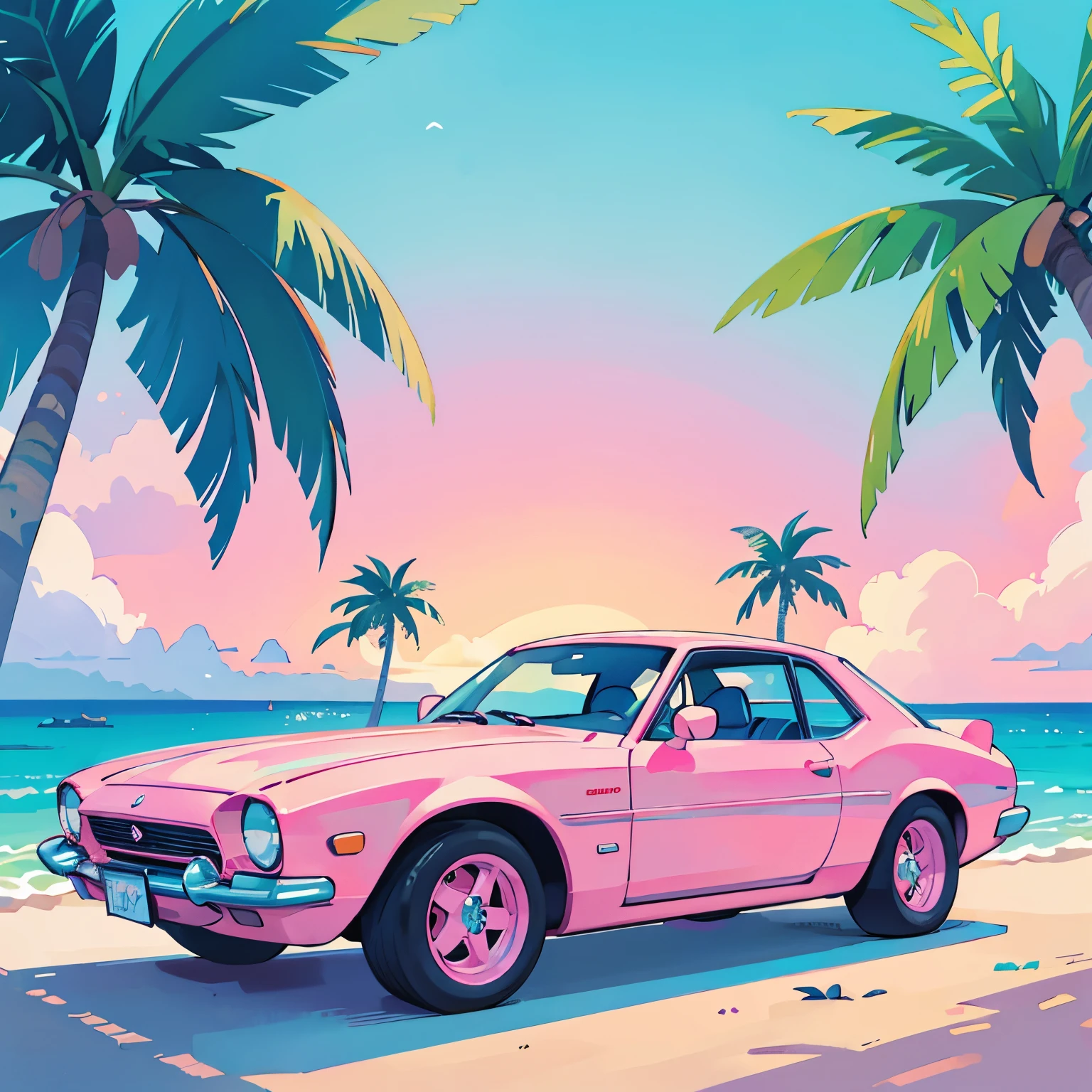 Seaside, Pink Sky, Palm tree, Blue Classic Car, Blue and pink neon