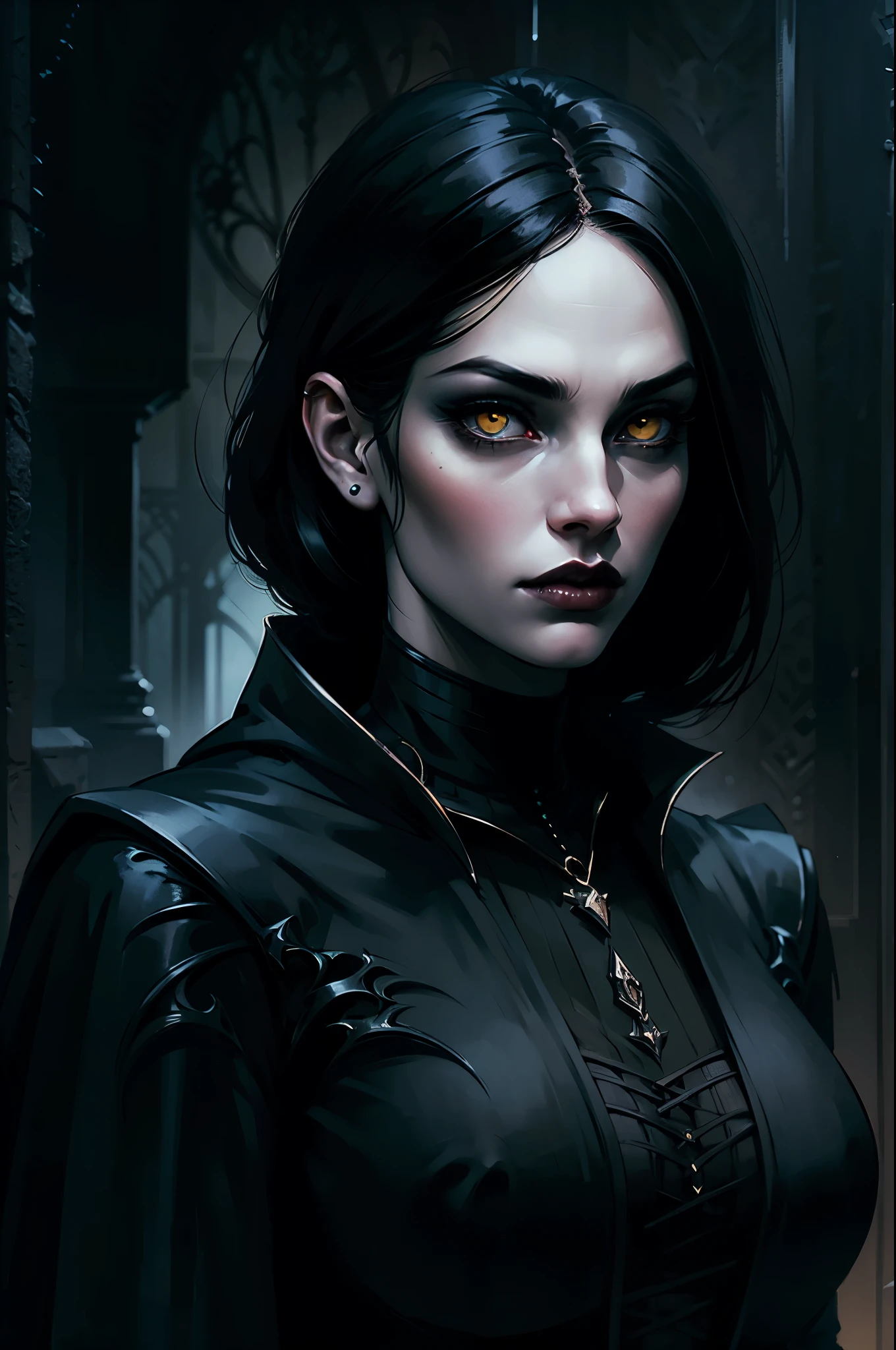 Woman with black hair and yellow eyes in black outfit, Vampire Girl, Dark, But detailed digital art, dark fantasy style art, Portrait of a vampire, androgynous vampire, Dark art style, style of charlie bowater, gothic horror vibes, tom bagshaw artstyle, gothic art style, dark fantasy portrait, neoartcore and charlie bowater