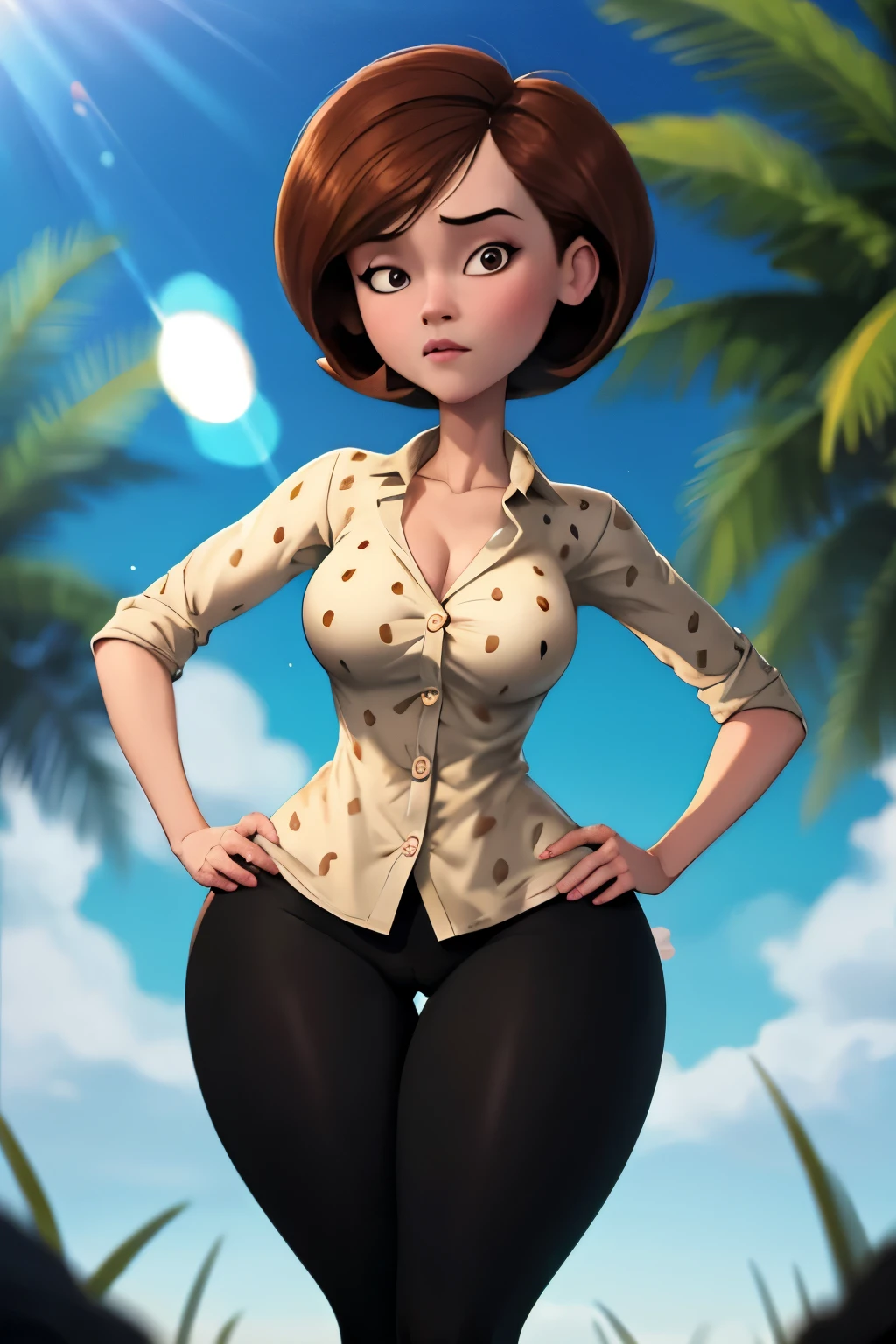 masterpiece, best quality, beautiful face, beautiful eyes, outdoors, lens flare, depth of field, 1girl, solo, looking at viewer, breasts, helenparr, elastigirl, polka dot, collared shirt, dress shirt, buttons, black pants, hands on hips, medium breasts, big ass, thick thighs, wide hips, bend over, see through pants, buttcrack,