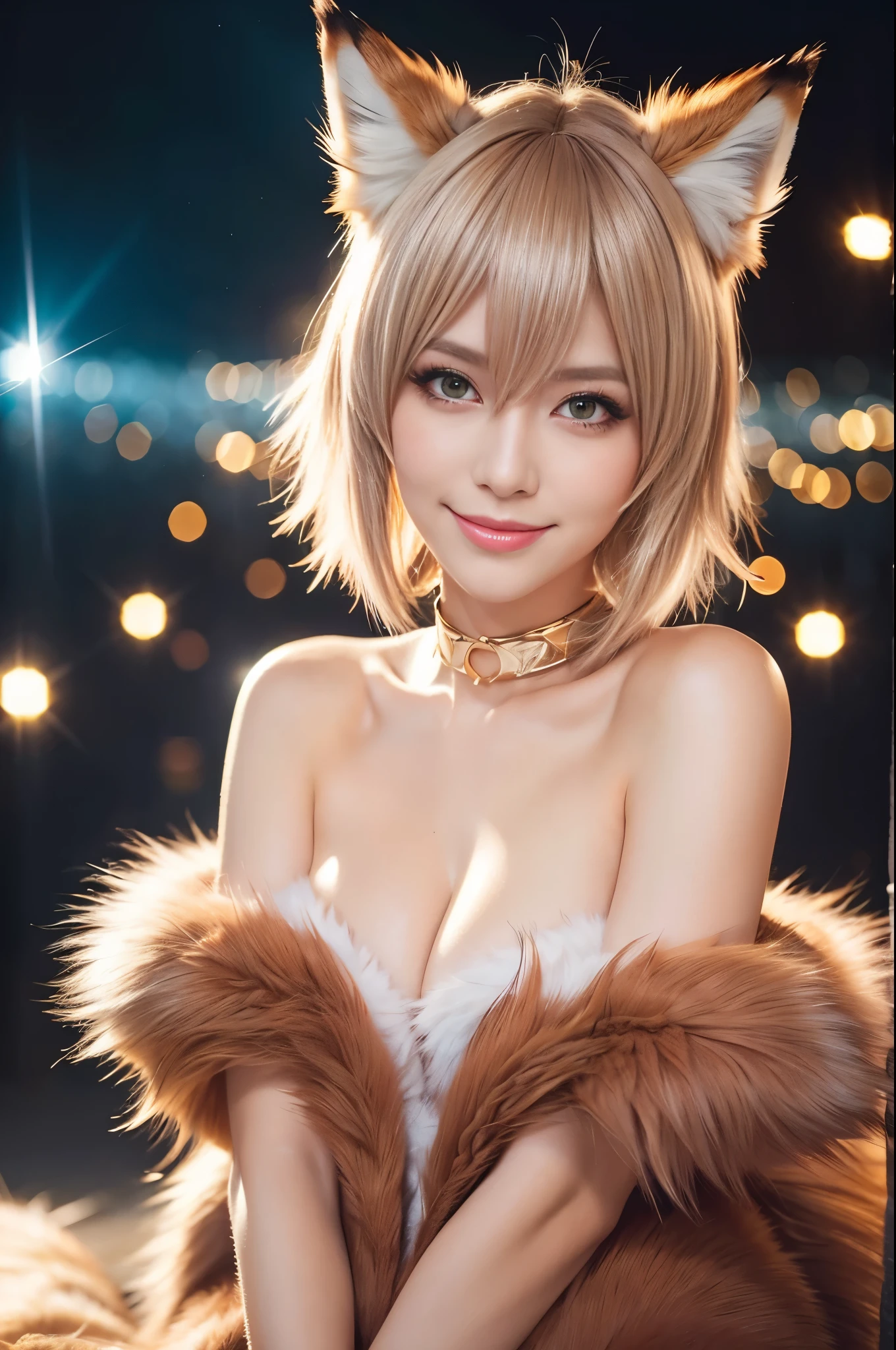 sexy swedish model, (-anime), only 1 model, very short hair, beautiful smile, lipgloss, long lashes, defined eyebrows, long fur fox color scheme, ((long fur fox cosplay)), fox ears, fox tail, fox choker, look at the camera, cinematic light, (sparkling long fur background), sweet and sexy pose