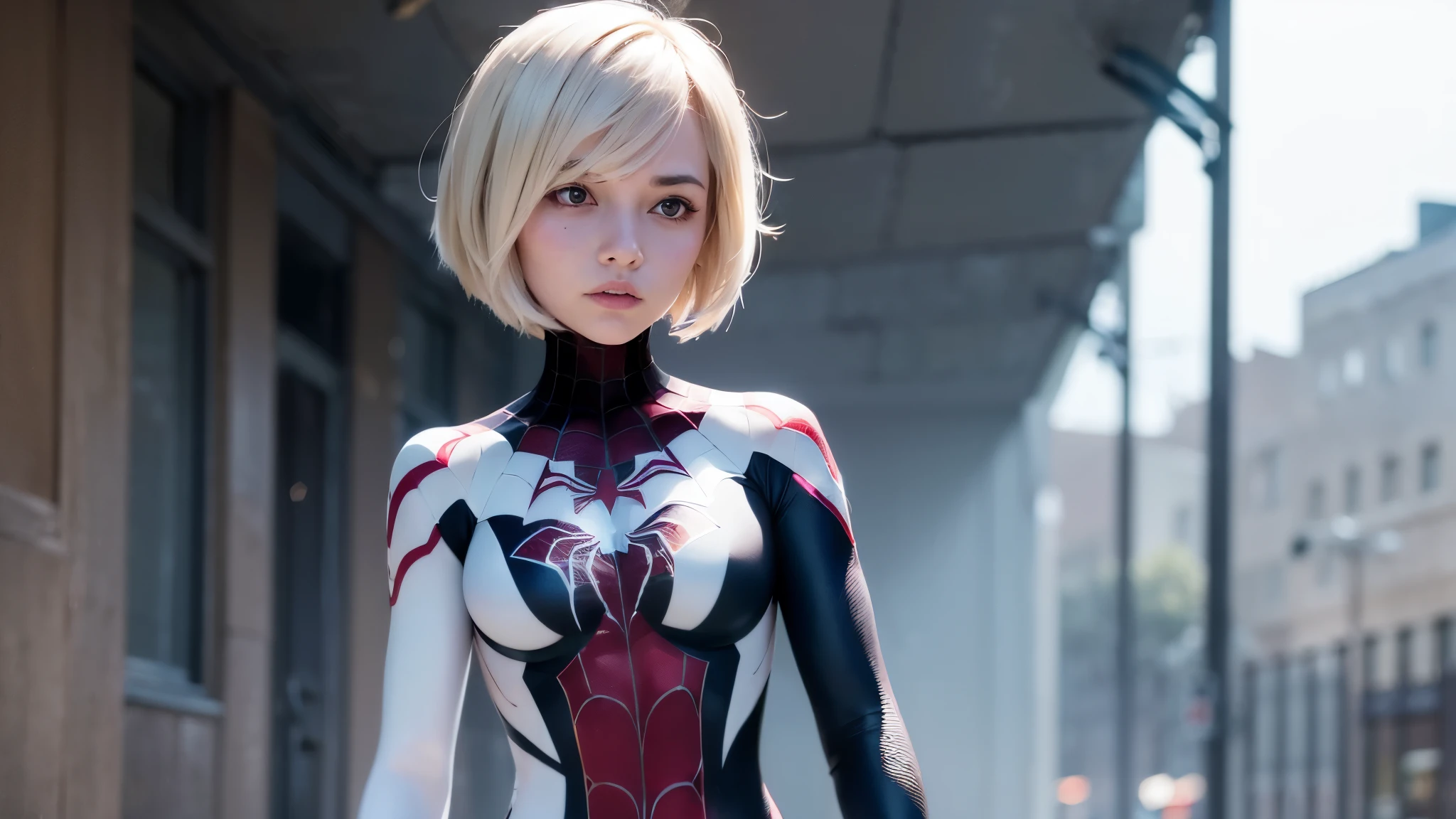 (((1 girl))), ((Spider-Gwen)), ((Spider-Gwen Outfit)), ((Spider-Gwen Haircut)), Textur, filmgrain, Hautporen, dusty atmospheric haze, Vignettierung, Falten, komplizierte Details:0.2 Intricate dramatic cinematic movie stills of a beautiful, elegant, Augenkontakt, (herablassendes, wirkliches Leben, HDR (Hoher dynamischer Bereich), Raytracing, NVIDIA RTX, super resolution, Unreal 5, selbstbewusstes Grinsen)1.2, (niedriger Winkel)1.2, Bokeh im Vordergrund, hasselblad RAW dramatisches Foto, (blue eyes), (city in Background), ((High detailed eyes))