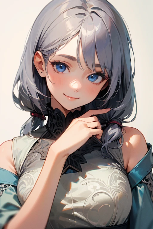 (masterpiece: 1.2, highest quality), (Actual Photos, Intricate details), 1. woman, alone, Upper Body, casual, Shoulder-length hair, Minimal makeup, Natural materials, Face close-up, smile, Home, Gray Hair, blue eyes, Shoulder Bare、優しいsmile、The face is as it is、