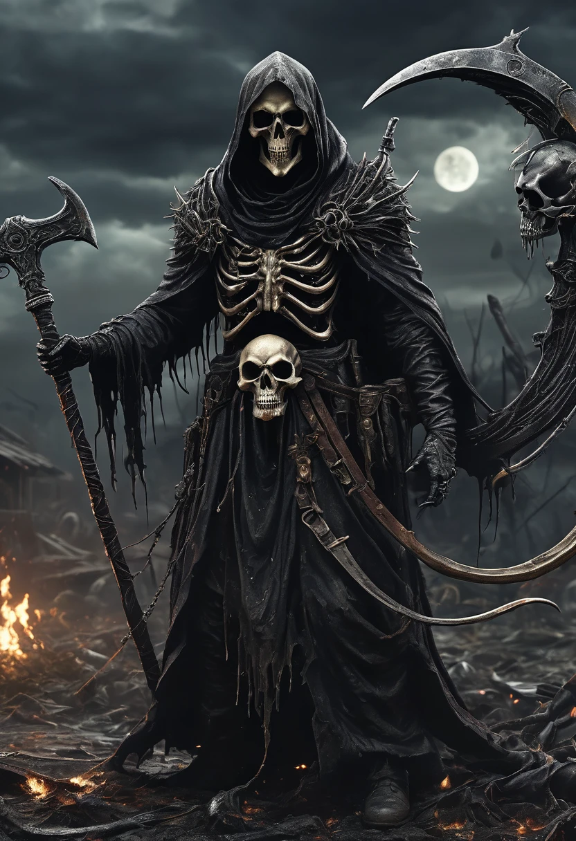 best quality, Darkness and Doom, Post-apocalyptic world, Dark and melancholic black death,Holding a huge death scythe, detailed, detailed face of reaper, ((A masterpiece full of fantasy elements))), ((best quality)), ((Intricate details))(8k)