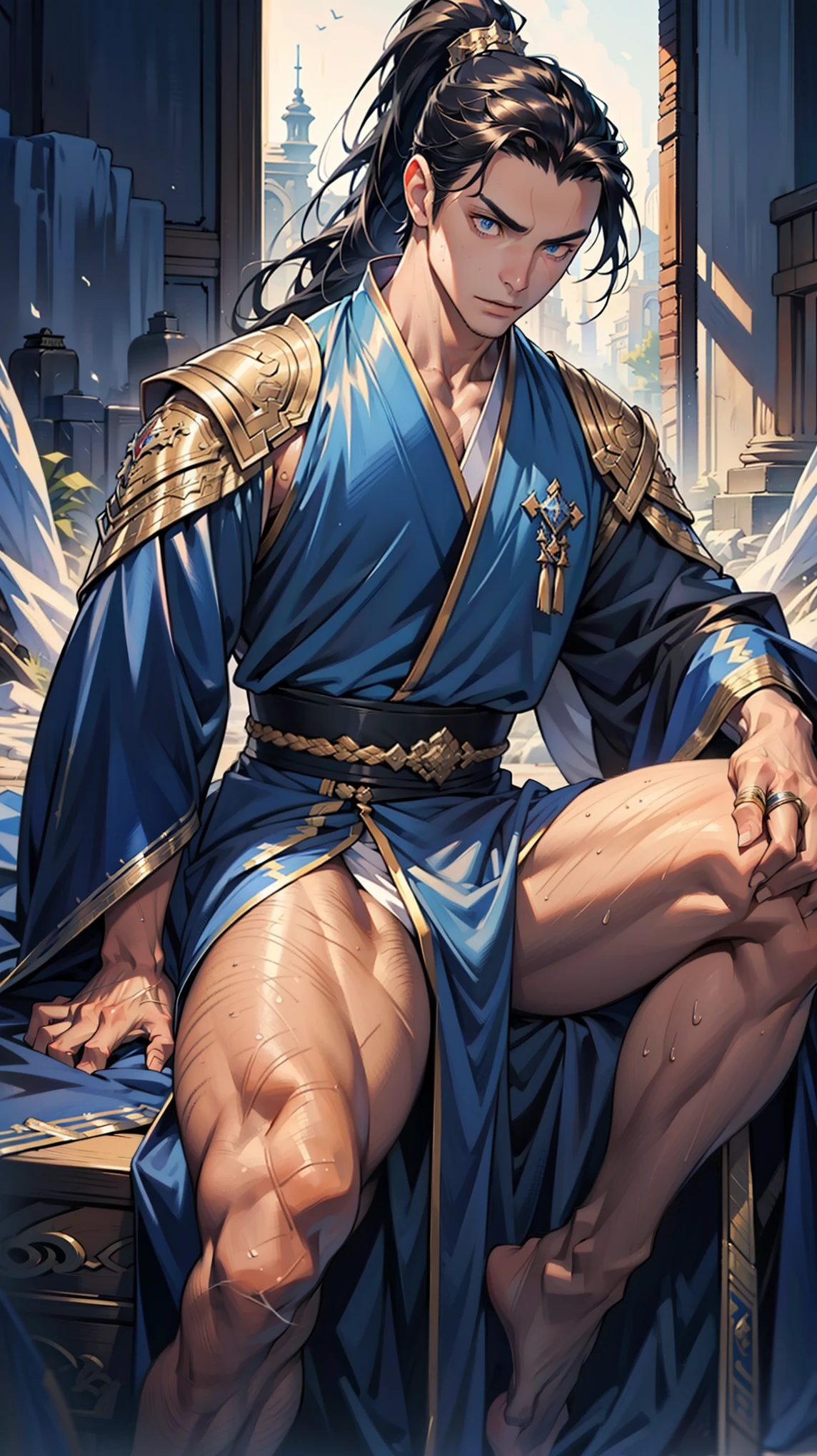 high quality,Best picture quality,Ultra-clear,Level Lighting,Ultra Detailed,Ray Tracing,individual(Young men),Handsome,(Youthful feeling),Black long hair,High Ponytail Hairstyle,blue eyes,Perfect male body,Wearing a blue ancient robe,Sitting astride,Crotch view