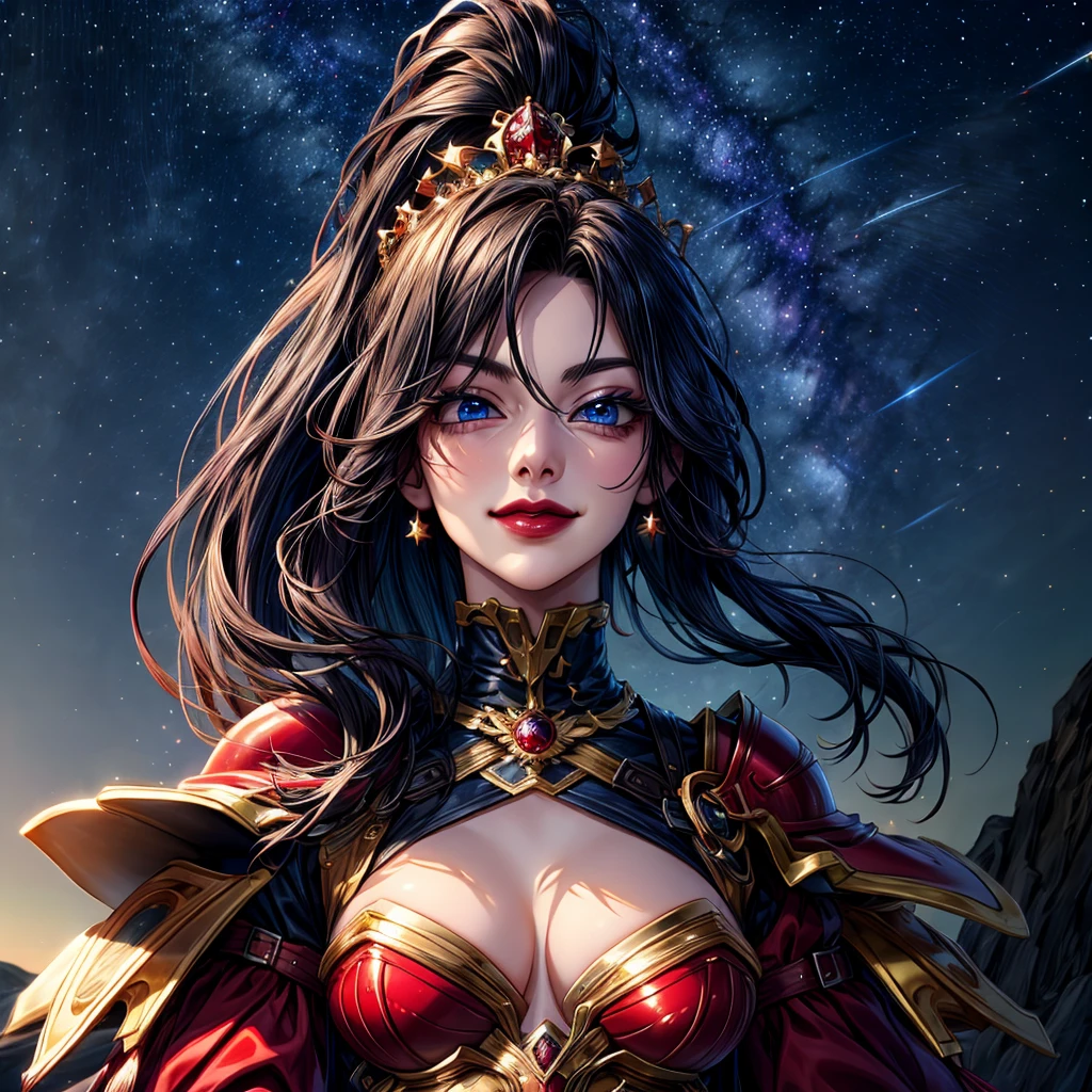 1 mature queen, {{{very long black hair}}} ponytail, {{{Ice blue eyes}}}, crimson lips, red royal dress under a chest plate of armor, cold smile, starry night sky, {best quality.}, {highreaasterpiece.}, {{{medium close up.}}}, {facing viewer}