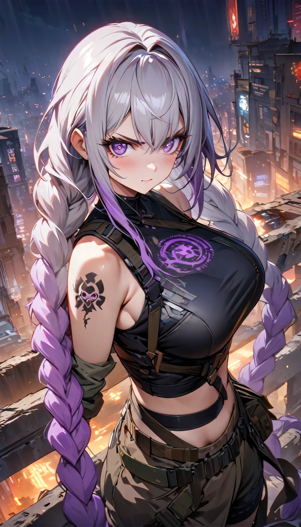 Night view, yinji , 1 Girl, purple hair,purple eyes,very long hair,grey hair,double braid,large breasts,gradient hair, Full body portrait of a man posing fiercely against a neon-lit city background, Her katana glows in the dark. masterpiece, woman , Have a tattoo, post apocalyptic, Super detailed, ready to fight, Serious expression, Super detailed samurai sword ,masterpiece, best quality, (Highly detailed CG Unity 8k wallpaper) (best quality), (Best Illustration),