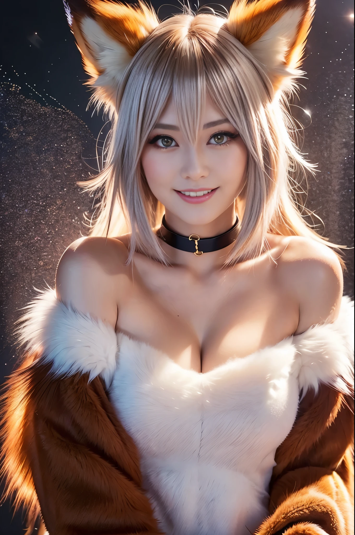 sexy swedish model, (-anime), only 1 model, very short hair, beautiful smile, lipgloss, long lashes, defined eyebrows, long fur fox color scheme, ((long fur fox cosplay)), fox ears, fox tail, fox choker, look at the camera, cinematic light, (sparkling long fur background), sweet and sexy pose