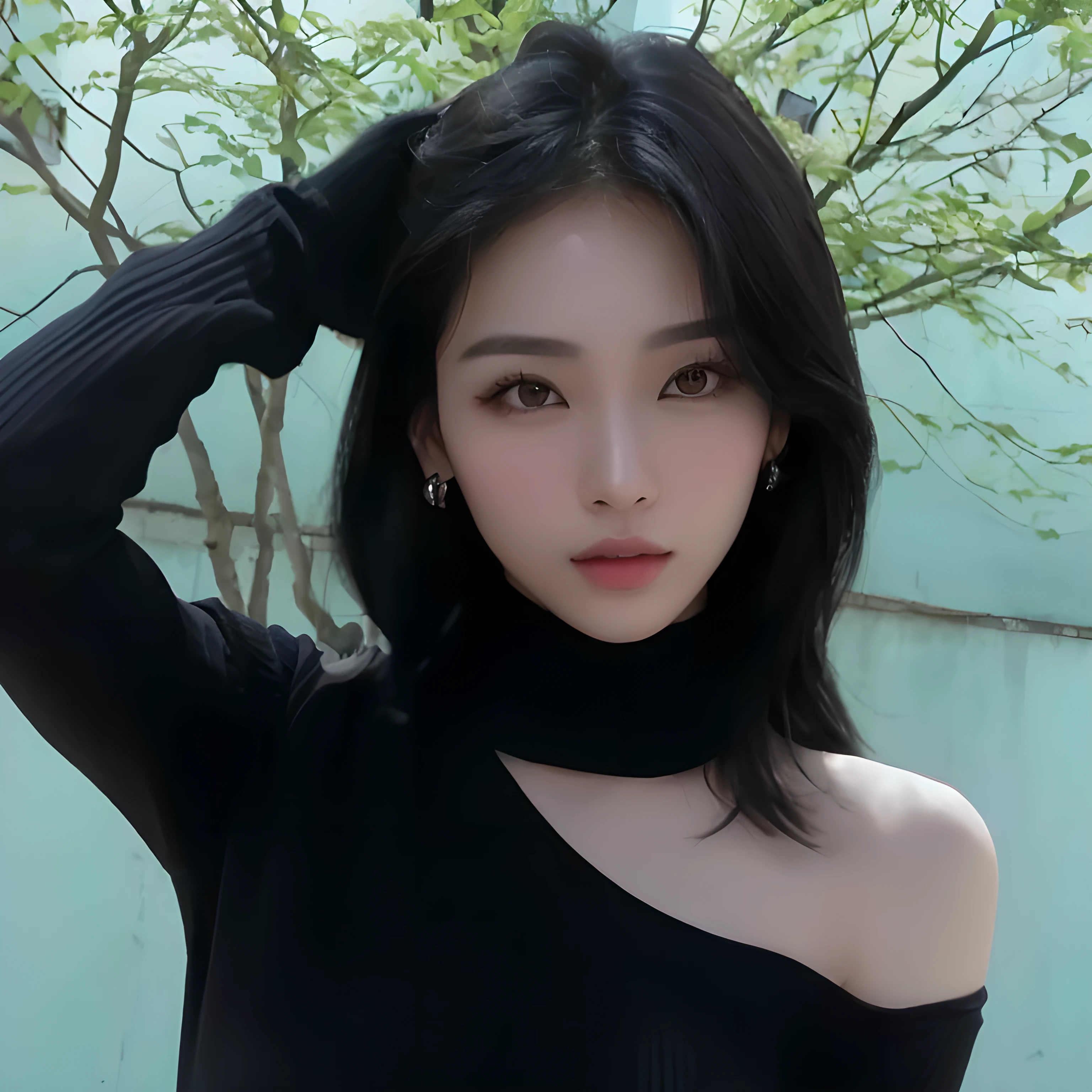 Asian woman in black top posing for a photo, con pelo corto, karina de aespa, karina, aespa, joven sucoreana, hermosa, ojos grandes, cabello negro corto, karina idols coreana.