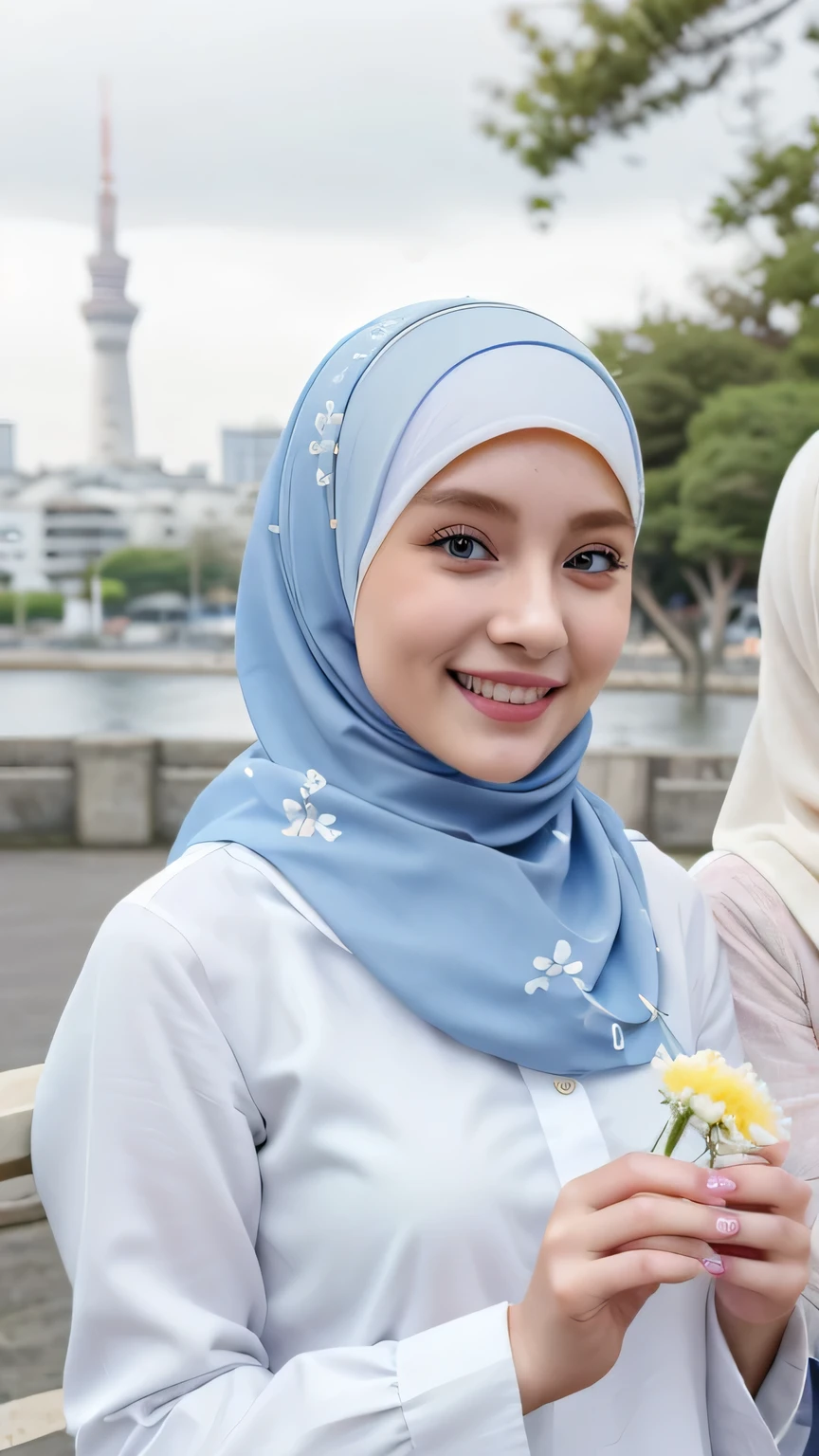 With friends, Two girls, Girl blue eyes wearing blues and white clothes yellow and white colour reading the flowers focus on the camera on the city located city weather so nicely, hijab, happy, Japan girl, young, hd, fhd, 4k, 8k, eyes focus, smile, detail face, model style, hand in head, happy expressions, detailed body, detailed eye, detailed face, detailed hand, detailed lips, smiling face, full body, 