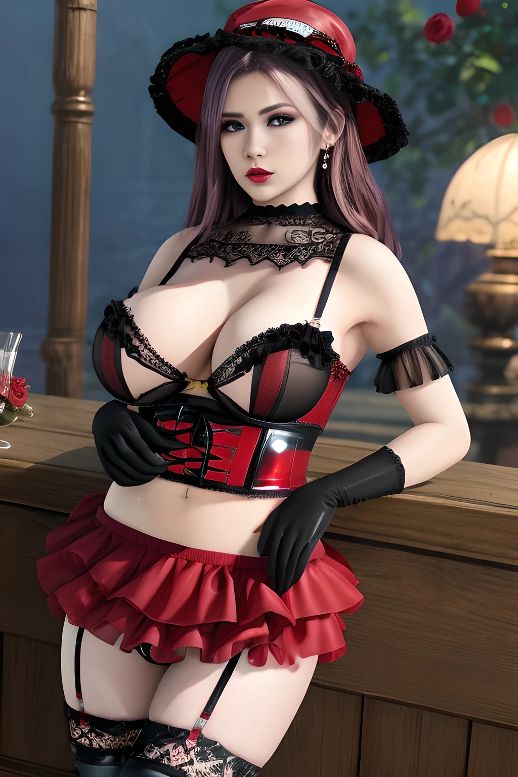 1 girl,BREAK (Royal:1.4), (red and black theme:1.5), ((red) bucket hat with rose corsage:1.4), (fusion of black high neck crop top and latex (red bustier):1.4), ((floral lace, see-through):1.3), ((sleeveless, bare shoulders):1.3), (red tiered skirt with black ruffles:1.4), ((ultra long gloves) with floral lace:1.3), (wrap a (cat garter) around thighs:1.4), outdoor,elegant,nighttime,moonlighe,shiny skin,( huge breasts), lip gloss,tattoos, masterpiece, best quality, realistic ,Surrealism,natural colors art in 8k,soft shadows,High-definition RAW color photos professional portrait photos,solo, elise,