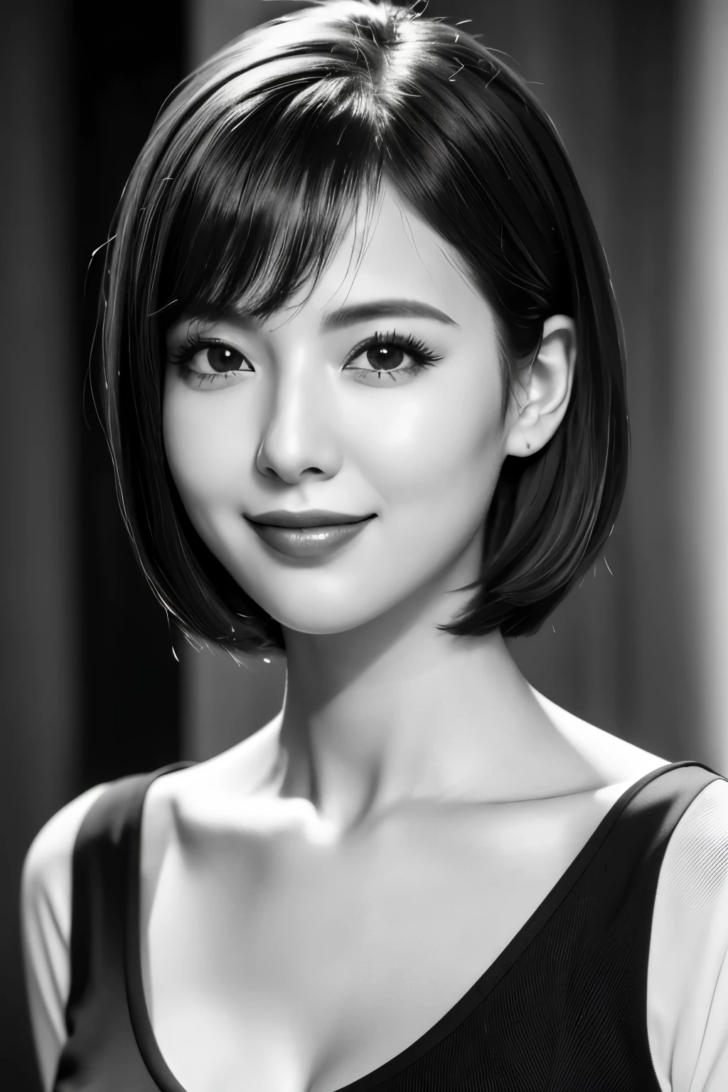 highest quality. Tabletop, 8k, Best image quality, Award-winning works, One Girl, ((((Black and white photography)))), (Vermilion lips), The perfect V-neck knit sweater, Upper body shot from the waist up, (Facing forward), Perfect Makeup, Long eyelashes, Ultra-high definition sparkling eyes, Ultra HD Hair, Ultra High Resolution Glossy Lips, Ultra HD cute face, Very short straight hair, Look at me and smile, clavicle, Accurate anatomy, Face close-up, Luxury Love Hotel, The most atmospheric and warm lighting, Blurred Background