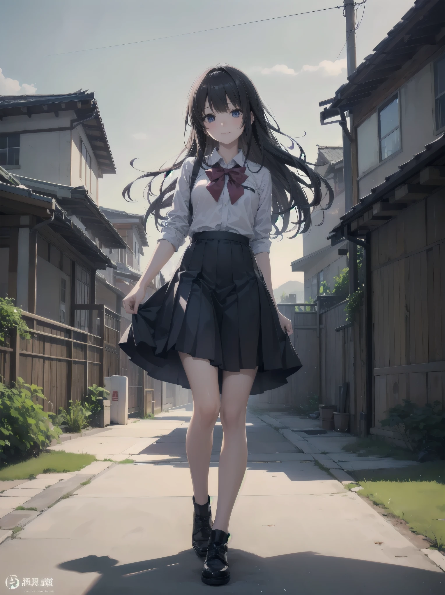 Subtitle: {{school rooftop}} {{uniform}} {{staring into the distance with the wind blowing}}
School rooftop. A strong wind was blowing through the air, and Saori, a beautiful girl, in her , was staring at the distant scenery, staring at an old key in her hand. Her mind was racing to find the place that the key pointed to. I guess this is where it starts," she muttered, placing the key at her feet. She muttered and opened a small box placed at her feet. Inside were several old photographs and a letter. Saori, did you find them?" I heard a voice behind me, and turned to see my classmate Reiko standing there. Yes, but now comes the problem. There's a mystery I have to solve, even if it's beyond the law. Saori replied with a determined look on her face. You really are amazing with your cute face." Reiko said with a smile.