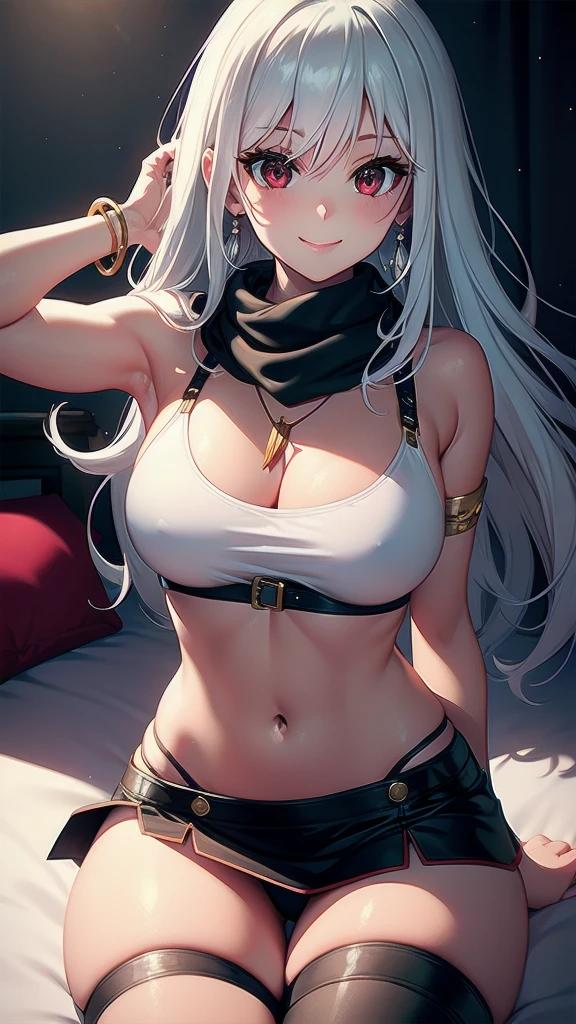 masterpiece, best quality, 1 solo girl, silver hair, red eyes, long hair, medium breasts, sexy body and face, wavy hair, smile, sleeveless shirt, scarf, black thigh-high, mini skirt, pendant, bracelet, jewelry, earrings, feather hair ornament, book, lying at the bed, night, sexy pose, cowboy shots, detailed body, face, and eyes, sharp focus, vibrant, creative, dynamic, high definition, high resolution, 8k, (Upscale: R-ESRGAN 4x+ Anime6mage enchance:4x), voluptuous body, cinema lightning, dakimakura style, looking at the viewer,