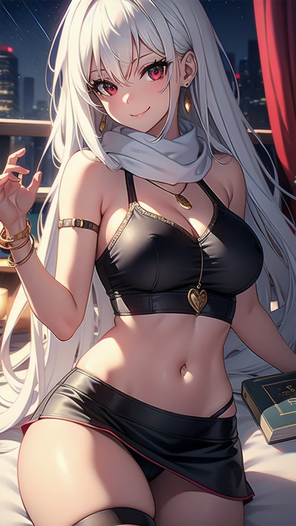 masterpiece, best quality, 1 solo girl, silver hair, red eyes, long hair, medium breasts, sexy body and face, wavy hair, smile, sleeveless shirt, scarf, black thigh-high, mini skirt, pendant, bracelet, jewelry, earrings, feather hair ornament, book, lying at the bed, night, sexy pose, cowboy shots, detailed body, face, and eyes, sharp focus, vibrant, creative, dynamic, high definition, high resolution, 8k, (Upscale: R-ESRGAN 4x+ Anime6mage enchance:4x), voluptuous body, cinema lightning, dakimakura style, looking at the viewer,
