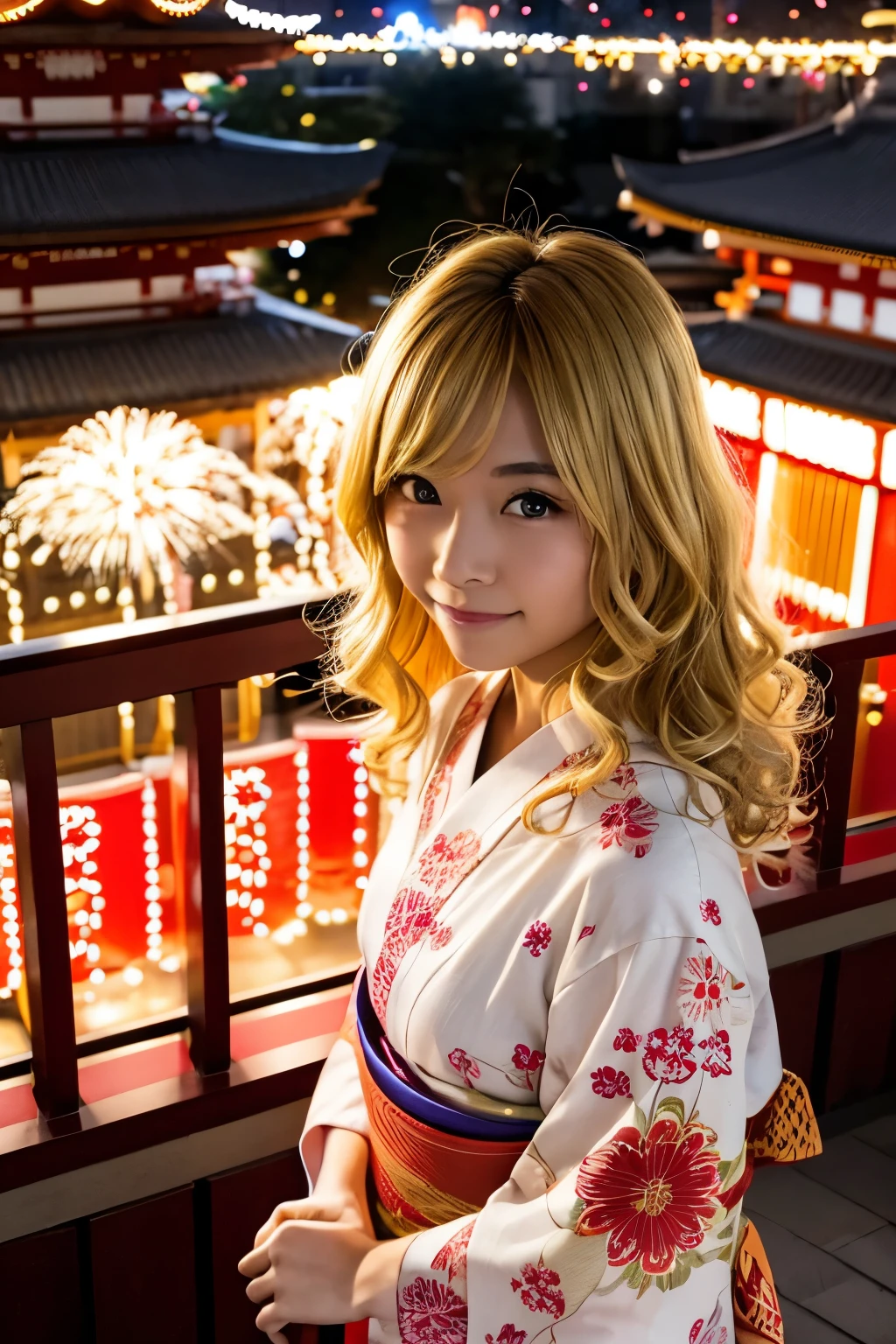 Depth of Field, Upper Body, thin, 19 year old Japanese, cute, Voluminous curls and warm blonde color, Plaza, casual　Yukata　firework、Sensoji Temple　Shoot from above