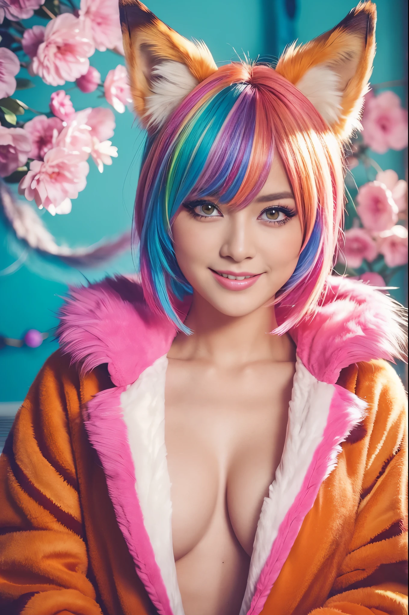 sexy swedish model, (-anime), only 1 model, very short hair, beautiful smile, lipgloss, long lashes, defined eyebrows, long fur fox cosplay, ((long fur vivid colors outfit)), ((fox accessoires)), fox tail, fox ears, long fur butterflies, vivid colors, look at the camera, cinematic light, long fur flowers vivid colors background, sweet and sexy pose