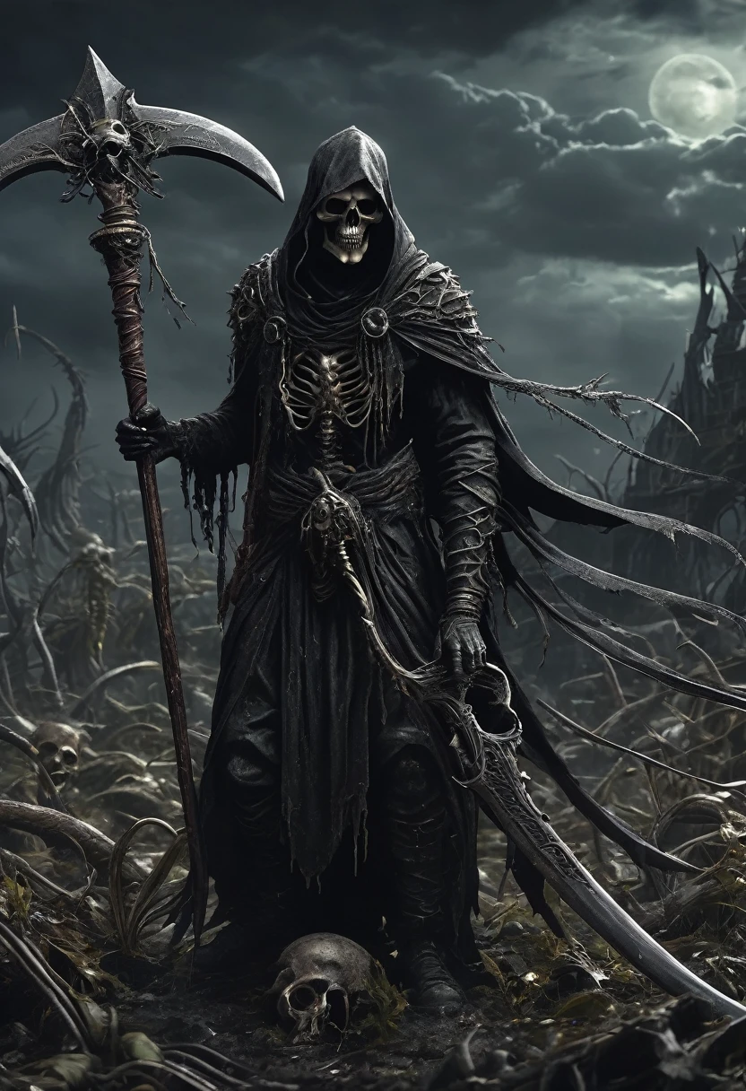 best quality, Darkness and Doom, Post-apocalyptic world, Dark and melancholic black death,Holding a huge death scythe, detailed, detailed face of reaper, ((A masterpiece full of fantasy elements))), ((best quality)), ((Intricate details))(8k)