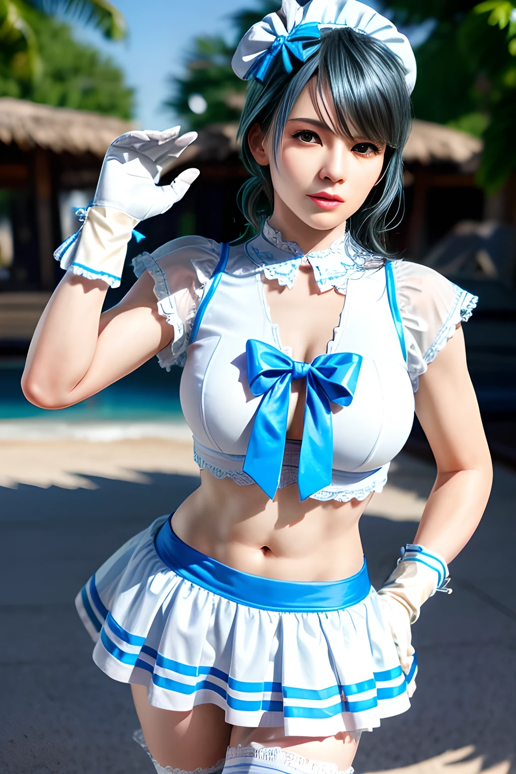 1girl, BREAK (white and black theme:1.4), (fusion of (sleeveless white high neck and collared [crop top]) and (black puff sleeves):1.4), (white tops and black short sleeves:1.2), (wearing a white half apron over a black skirt:1.4), (waist cincher:1.3), (white half apron), ((white maid head-band with ruffles on head, white brim on head):1.3), (white thigh high stockings:1.4), ((white arm warmers, white long glove):1.3), BREAK (light-blue theme:1.2), (light-blue lines on skirt:1.3), (light-blue ribbon bow:1.3),  , appealing cleavage,( beautiful tattoo:1.2), overhead view, beautiful detailed eyes, beautiful detailed lips, extremely detailed eyes and face, long eyelashes, feminine charm, detailed texture, snug fit, fashionable, soft fabric, radiant skin, (best quality,4k,8k,highres,masterpiece:1.2), ultra-detailed, (realistic,photorealistic,photo-realistic:1.37), tamaki