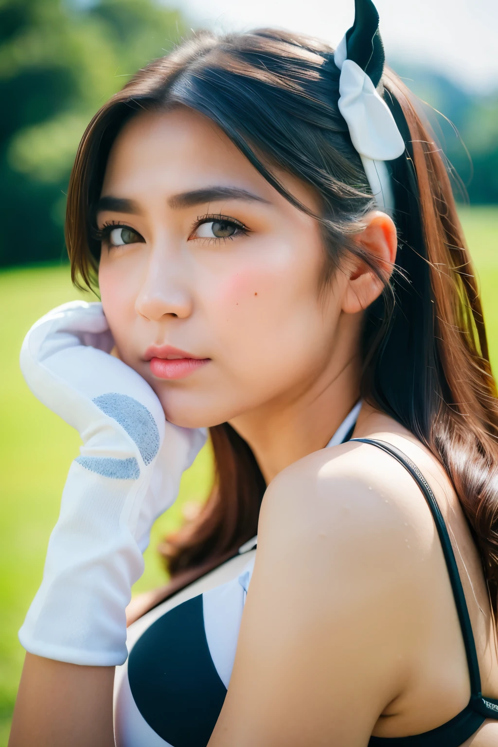 sitting on grass, pov from top, (white black cow print bikini, white black cow print gloves,white gloves, white black cow print elbow gloves, white black cow kneesocks, cow bell, cow ears, cow horns), looking at camera, front view, long hair, (detailed face), farm background, (showing whole body), mouth closed, embarassed, black eyes, 1 girl, 20yo,Young female,Beautiful Finger,Beautiful long legs, Beautiful body, Beautiful Nose, Beautiful character design, perfect eyes, perfect face,expressive eyes,perfect balance, (looking at viewer), official art,extremely detailed CG unity 8k wallpaper, perfect lighting,Colorful, Bright_Front_face_Lighting,White skin, (masterpiece:1.0),(best_quality:1.0), ultra high res,4K,ultra-detailed, photography, 8K, HDR, highres, absurdres:1.2, Kodak portra 400, film grain, bokeh:1.2, lens flare, (vibrant_color:1.2),professional photograph, (Beautiful,huge_Breasts:1.4), (beautiful_face:1.5),(narrow_waist)